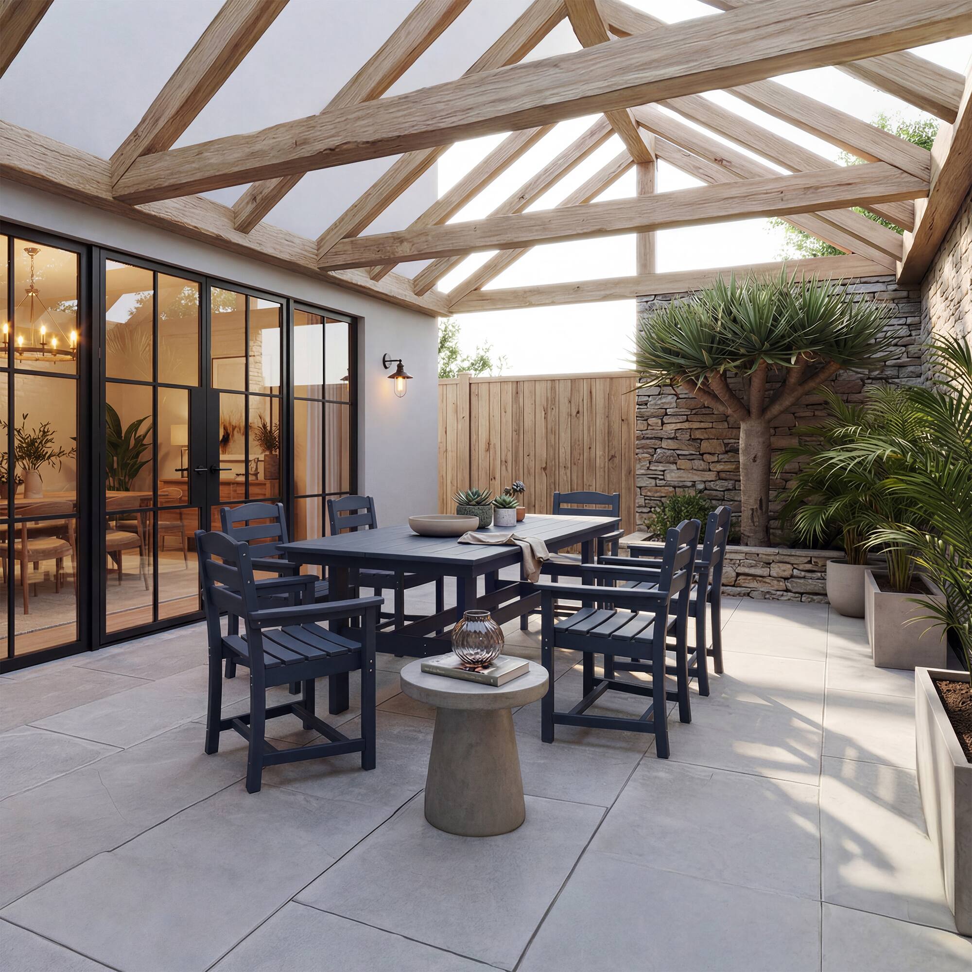 Back. Famapy - HDPE Outdoor Dining Table with Umbrella Hole & Cap-Solid Panel Patio Table for 8 People Weatherproof & Low Maintenance - Navy blue.