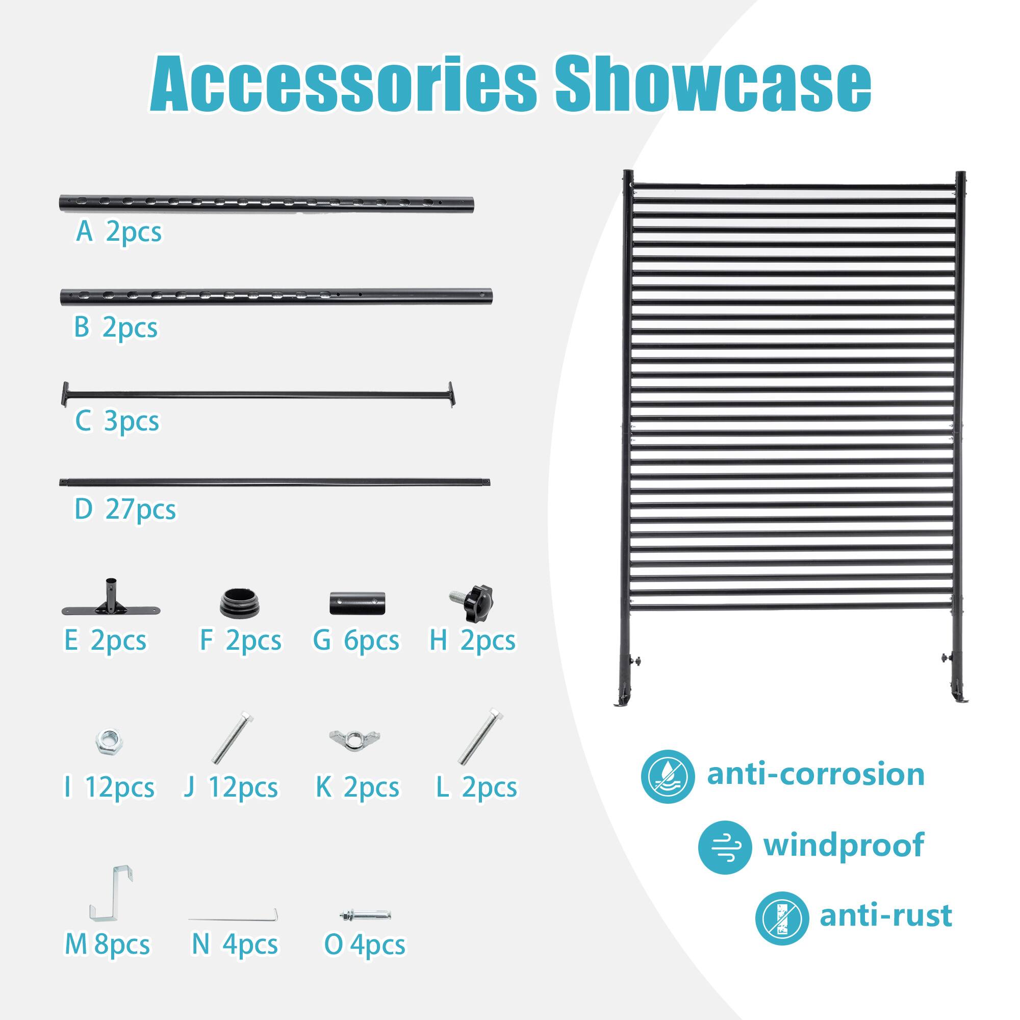 Accessories Showcase

A 2pcs  
B 2pcs  
C 3pcs  
D 27pcs  
E 2pcs  
F 2pcs  
G 6pcs  
H 2pcs  
I 12pcs  
J 12pcs  
K 2pcs  
L 2pcs  
M 8pcs  
N 4pcs  
O 4pcs  

anti-corrosion  
windproof  
anti-rust