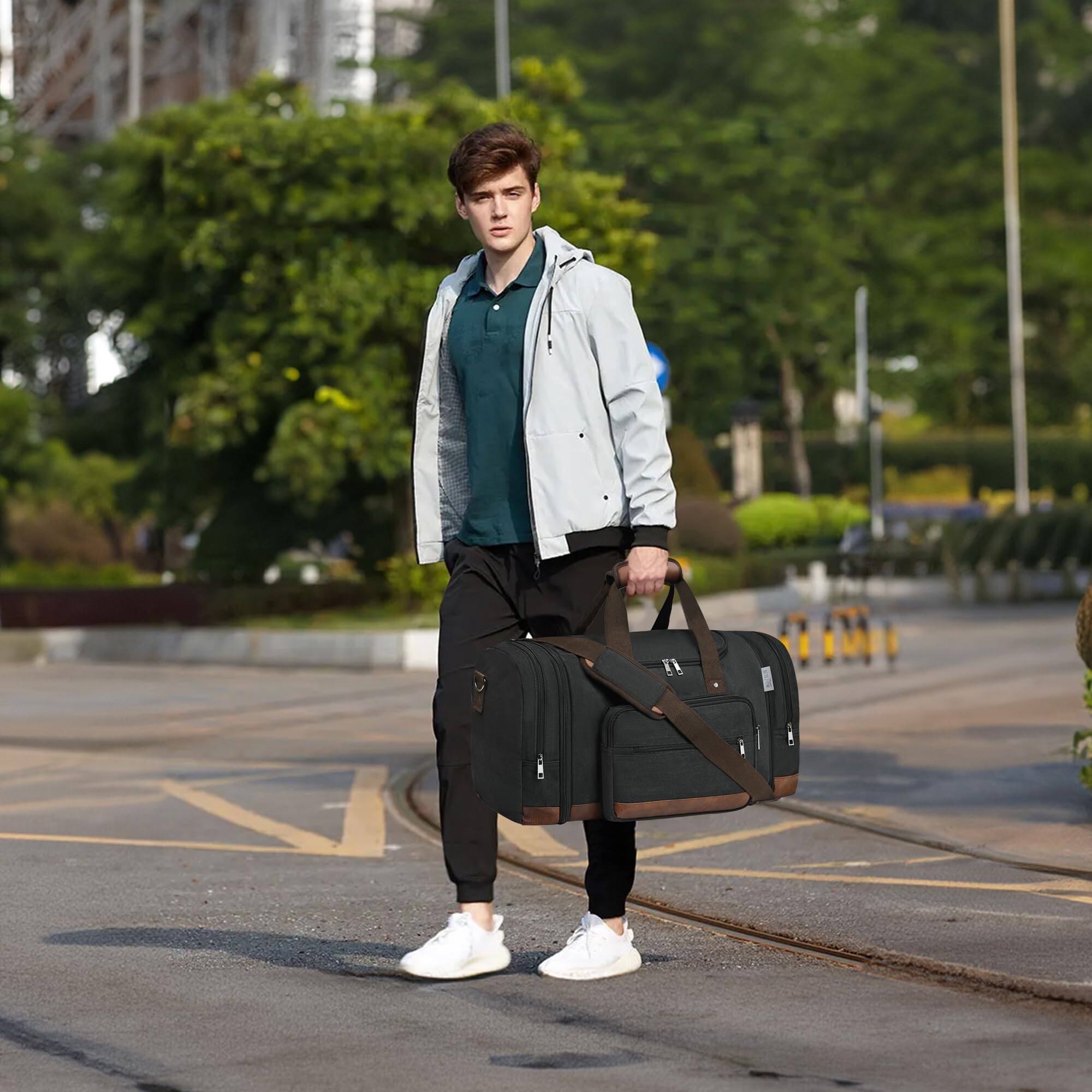 Left. Fabibe - Duffle Bag for Travel Overnight Weekend Gym Carry On Luggage 50L Duffel Men Women Expandable Spacious Black - Grey.