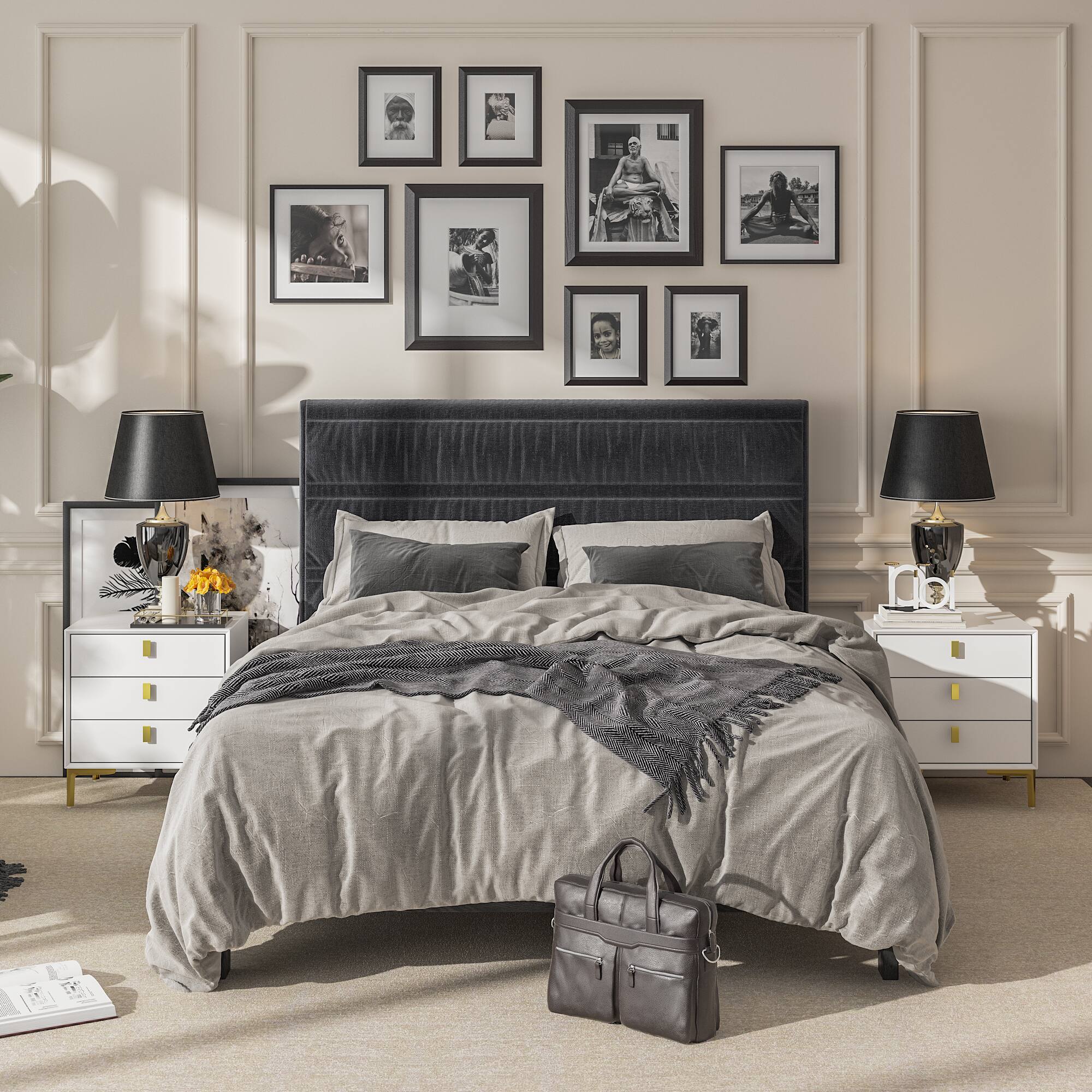 Back. FUFU & GAGA - Luxury 3 Drawer Nightstand Bedside Table with Gold Accents Modern End Table Storage Cabinet for Bedroom Living Room - White.