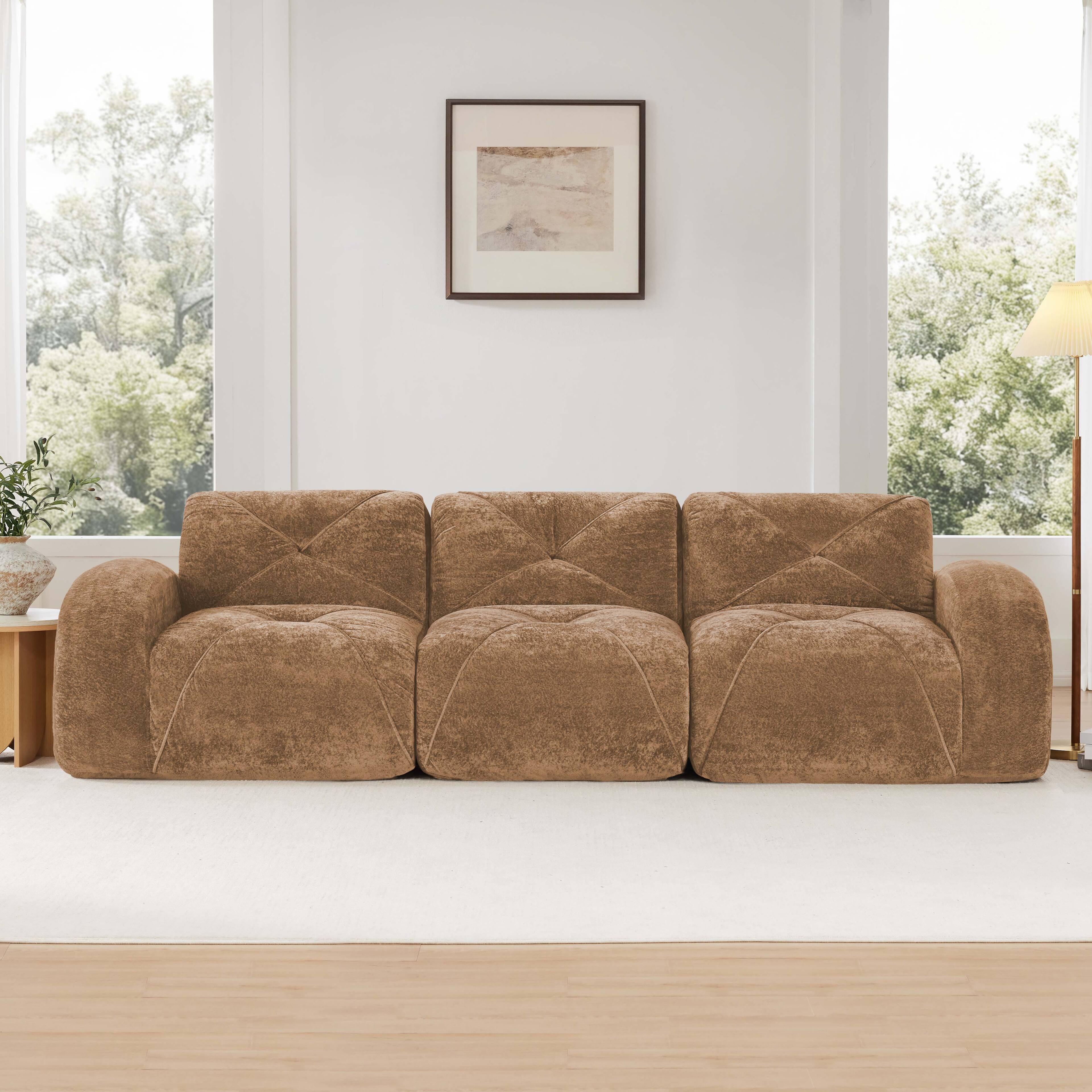 Left. Aukfa - 110" Boneless Tufted Modular Sectional Sofa - Soft Velvet, 32D High Density Sponge, No Assembly Required - Camel.