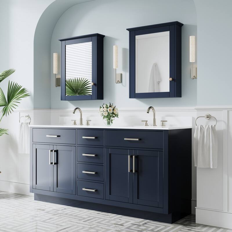 Angle. WELLFOR - 72 in Solid Wood Bathroom Vanity with Double Sink,4 Doors,6 Drawers& Cultured Marble Countertop,Brushed Nickel Handle - Navy Blue.