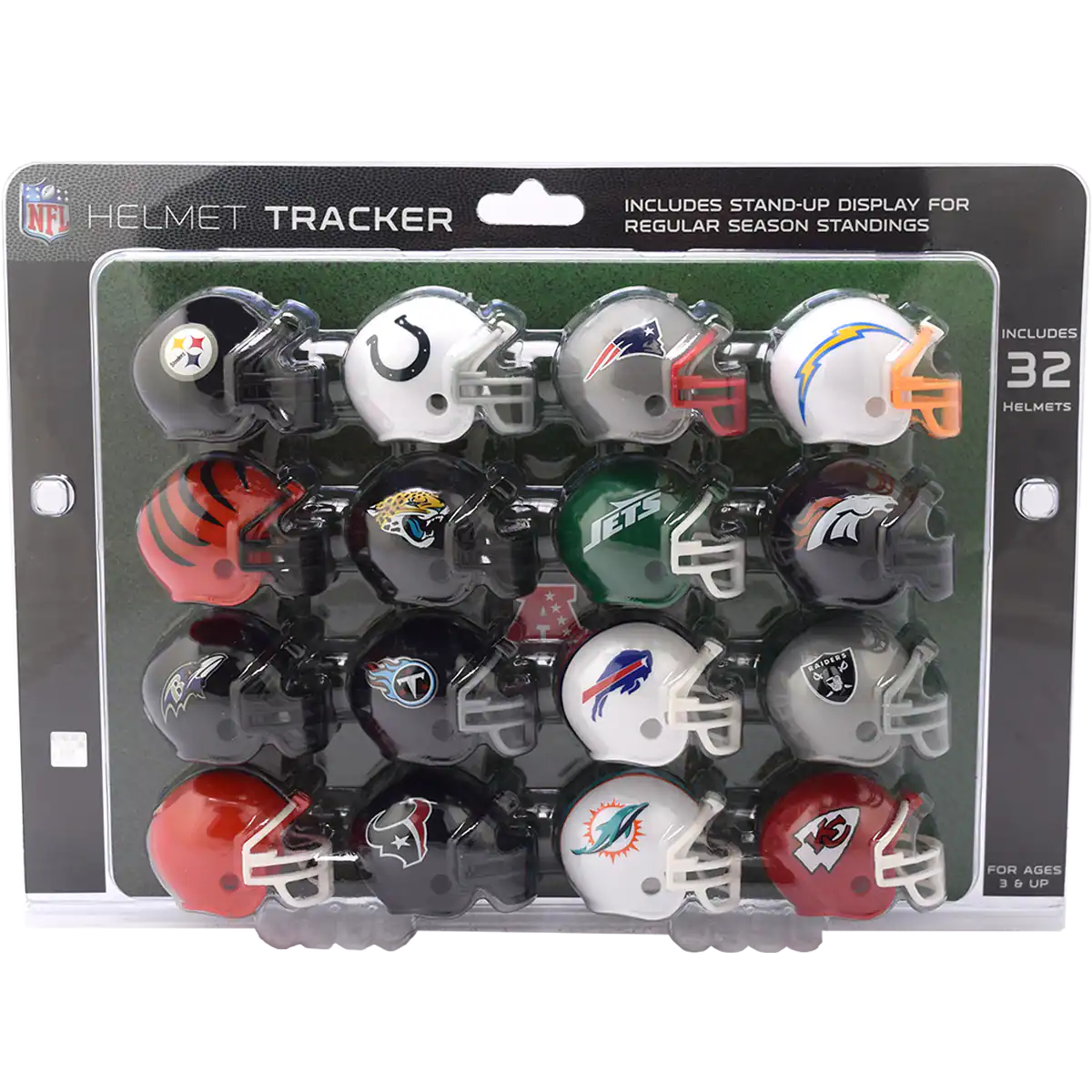NFL HELMET TRACKER INCLUDES STAND-UP DISPLAY FOR REGULAR SEASON STANDINGS. INCLUDES 32 HELMETS. FOR AGES 3 UP.