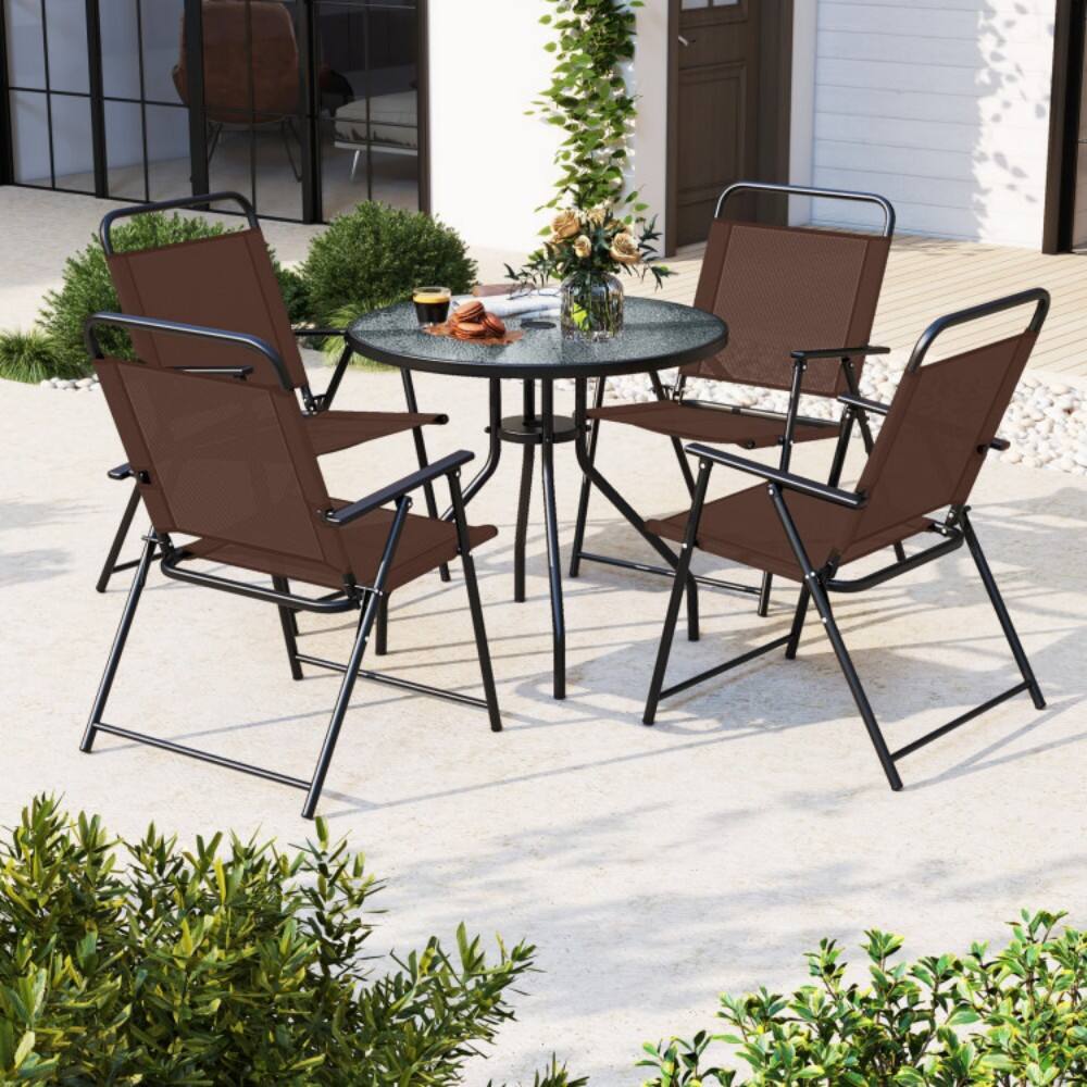 Alt View 4. Mondawe - 6 Pieces Patio Dining Set Folding Chairs Glass Table Tilt Umbrella for Garden - Coffee.