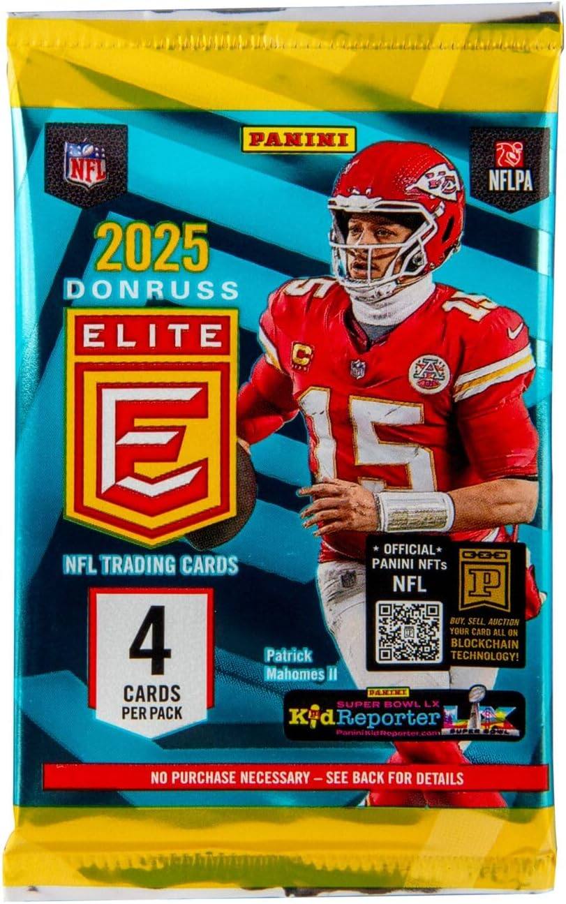PANINI NFL NFLPA 2025 DONRUSS ELITE C A E 15 OFFICIAL* 300 NFL TRADING CARDS PANINI NFTs NFL BUY, SELL, AUCTION YOUR CARD ALL ON BLOCKCHAIN TECHNOLOGY! 4 CARDS PER PACK Patrick Mahomes II SUPER BOWL LX Kid Reporter PaniniKidReporter.com NO PURCHASE NECESSARY - SEE BACK FOR DETAILS