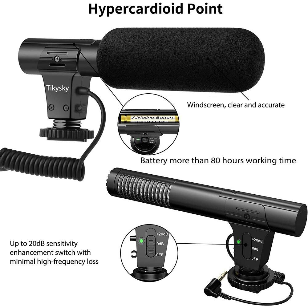 Sure, here is the corrected and grouped text:

---

**Hypercarioid Point**

- **Tikysky**
- **Windscreen, clear and accurate**
- **Alkaline Battery**
- **Battery more than 80 hours working time**
- **Up to 20dB sensitivity enhancement switch with minimal high-frequency loss**
  - **+20dB**
  - **0dB**
  - **OFF**

---