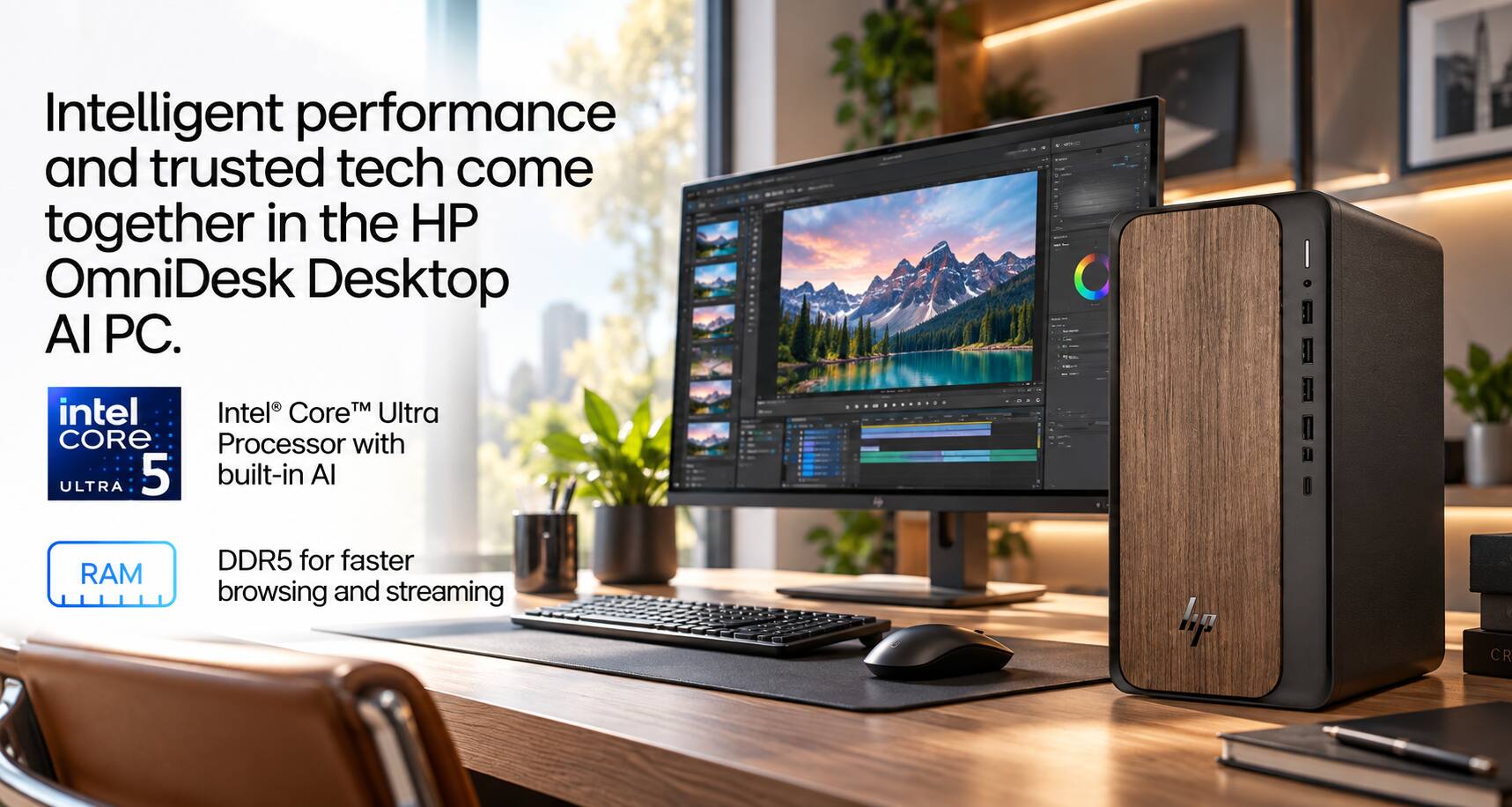 Intelligent performance and trusted tech come together in the HP OmniDesk Desktop AI PC.

Intel® Core™ Ultra 5 Processor with built-in AI

DDR5 for faster browsing and streaming