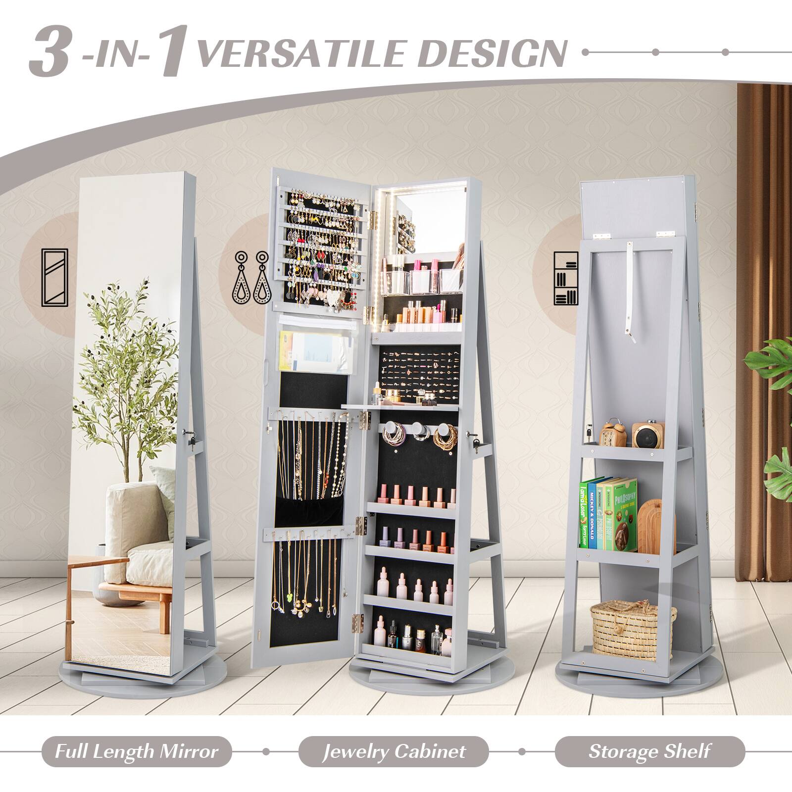 3-IN-1 VERSATILE DESIGN

Full Length Mirror | Jewelry Cabinet | Storage Shelf