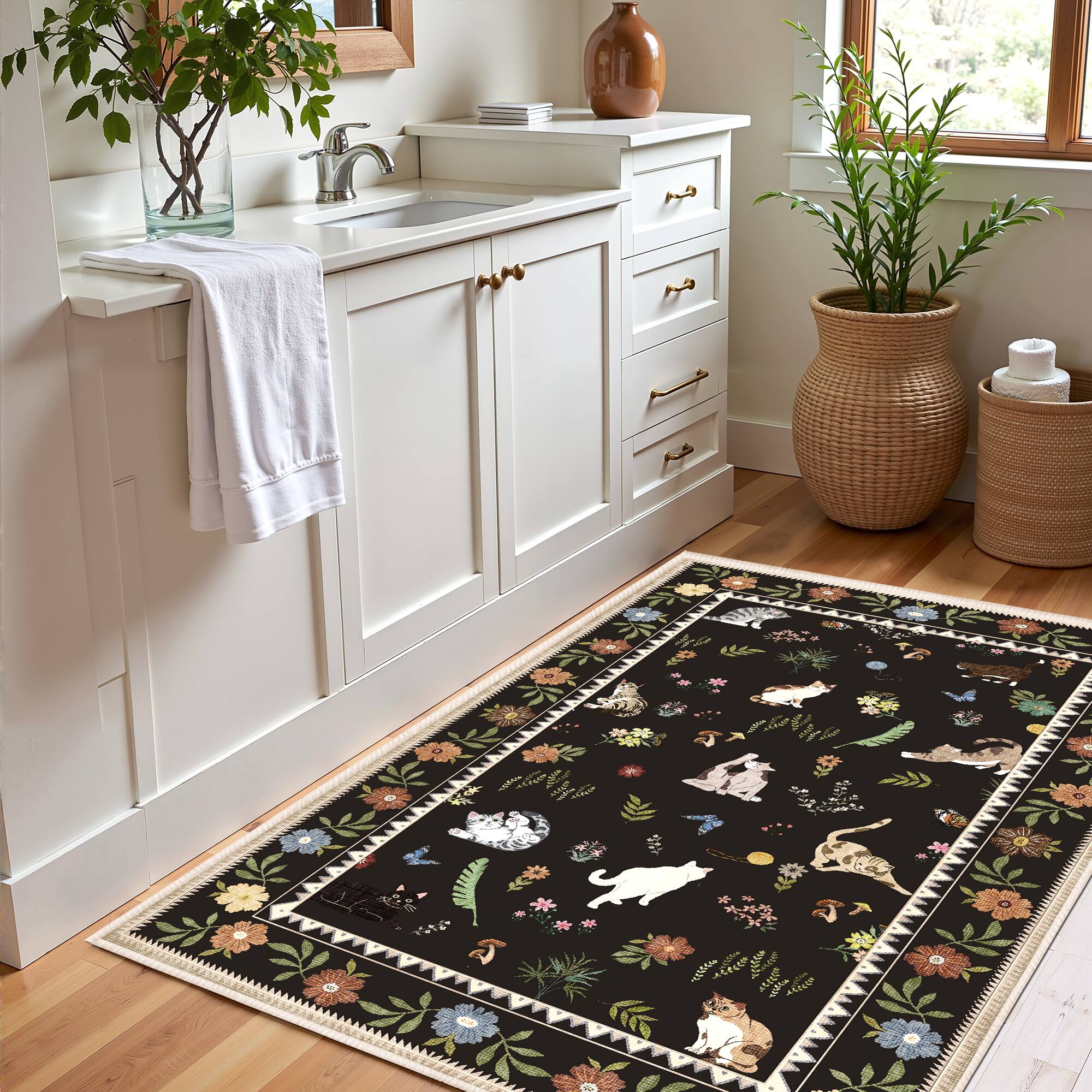 Alt View 2. KERDOM - Cute Cat Print 2x3 ft Small Area Rug – Adorable Kitten Floor Mat for Entryway & Bathroom, Non-Slip Washable Accent Rug - Black.