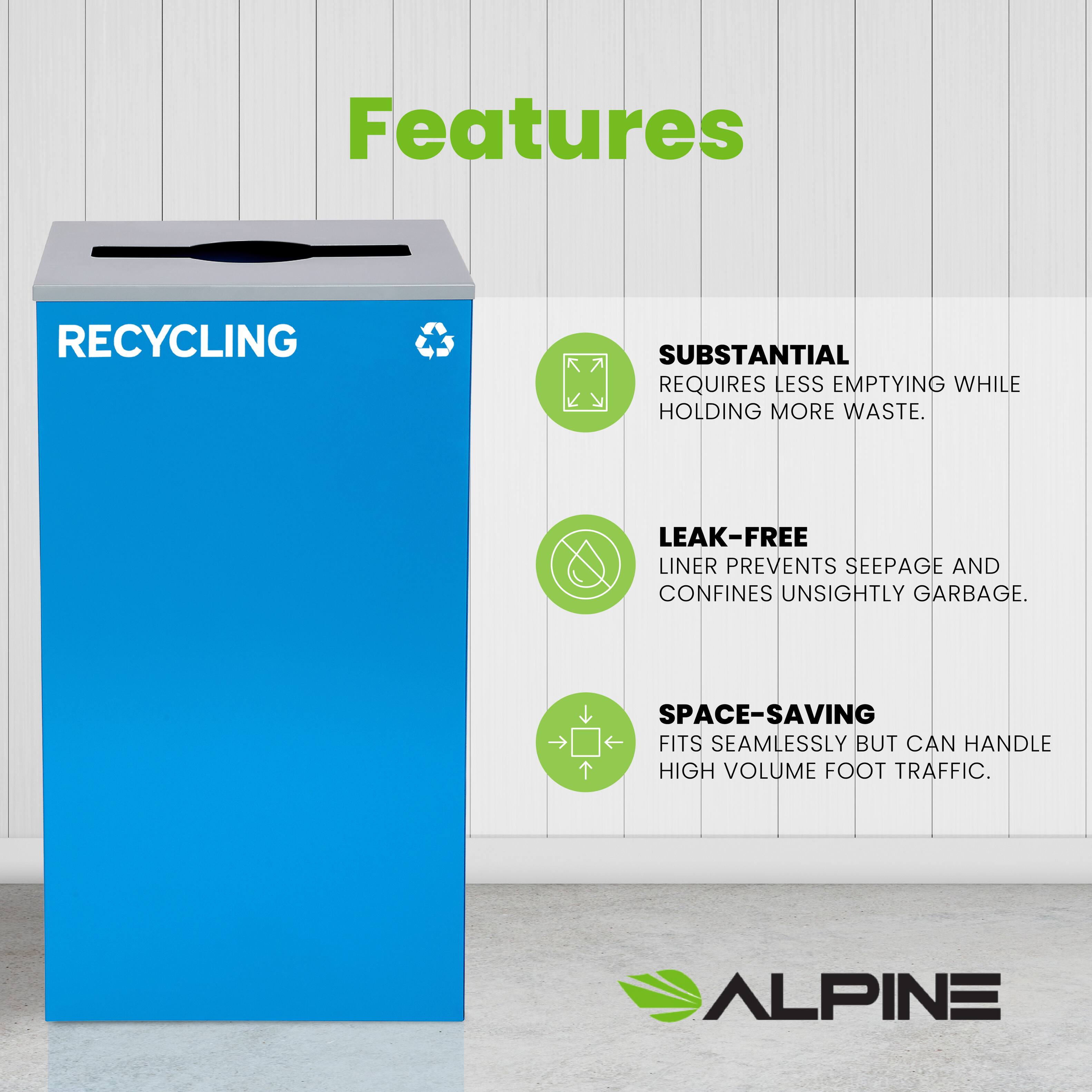 Features

RECYCLING

SUBSTANTIAL
REQUIRES LESS EMPTYING WHILE HOLDING MORE WASTE.

LEAK-FREE
LINER PREVENTS SEEPAGE AND CONFINES UNSIGHTLY GARBAGE.

SPACE-SAVING
FITS SEAMLESSLY BUT CAN HANDLE HIGH VOLUME FOOT TRAFFIC.

ALPINE