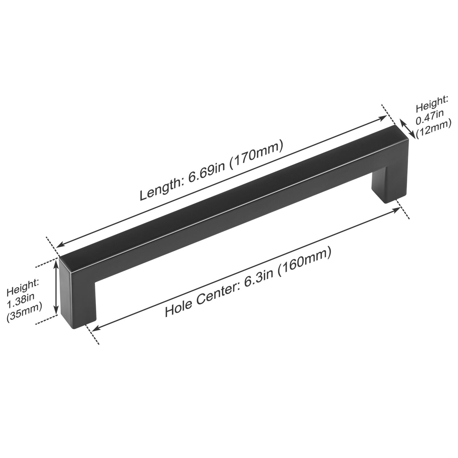 6.69in (170mm) Length: Height: 0.47in (12mm) Height: 1.38in (35mm) 6.3in (160mm) Hole Center