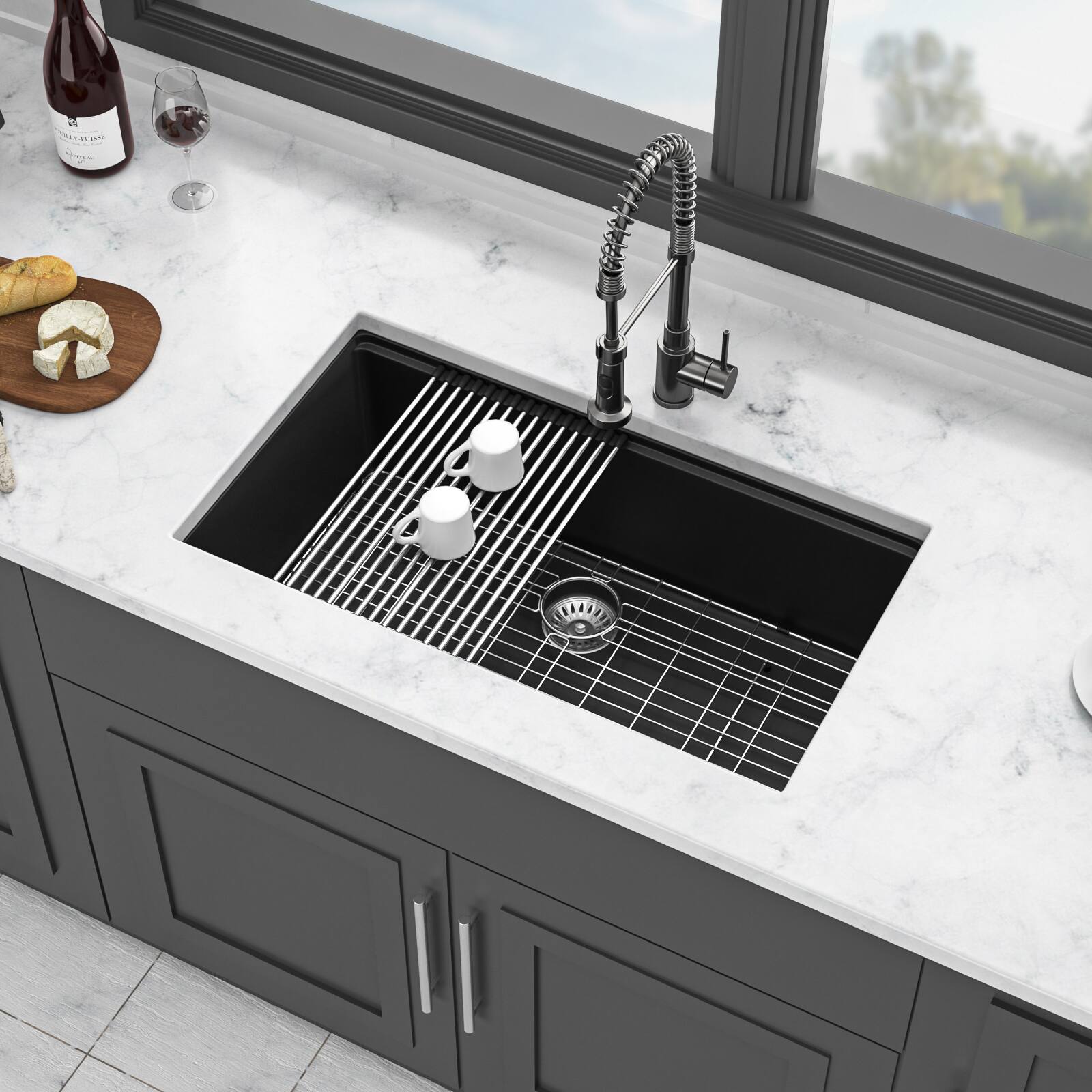 Angle. Siljoy - Quartz Kitchen Sink - 33"x19"x9.65" Black granite composite Workstation undermount kitchen sink - Black.