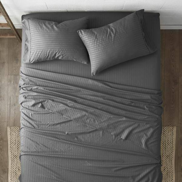 Back. Plazatex - 1800 Series Embossed Striped Wrinkle Resistant Sheet 4pc Set Full - Grey - Grey.