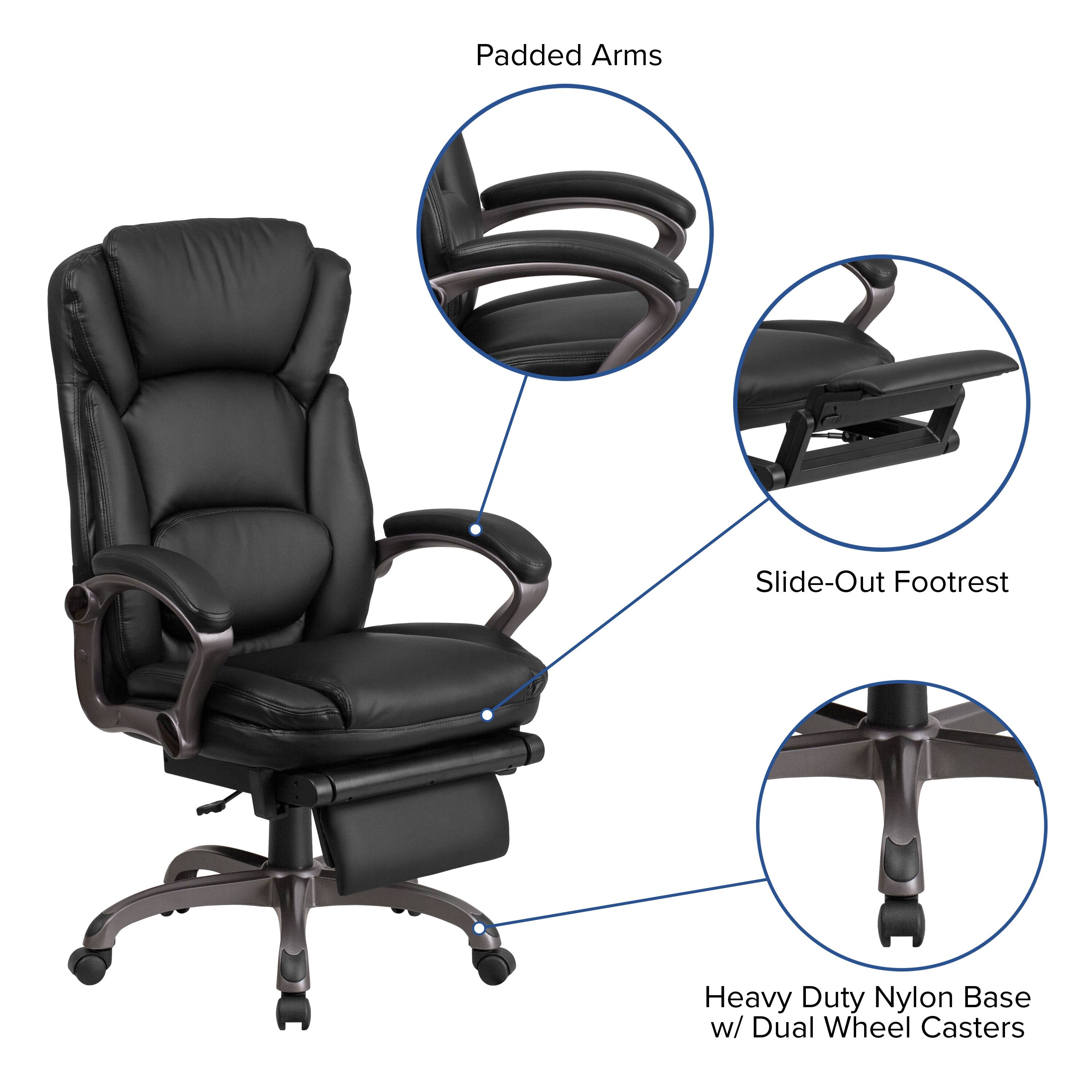 Padded Arms  
Slide-Out Footrest  
Heavy Duty Nylon Base w/ Dual Wheel Casters