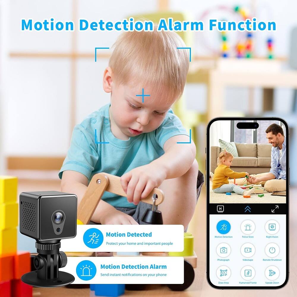 Motion Detection Alarm Function
Motion Detected
Protect your home and important people
Motion Detection Alarm
Send instant notifications on your phone
- Motion Detection
- Police Siren
- Night Vision
- Photograph
- Videotape
- Remote Shutdown
- Draw Area
- Humanoid Frame
- Upside Down
