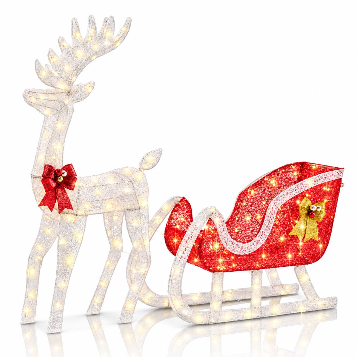 Front. Sweet - 4 FT Pre-Lit Christmas Reindeer & Santa Sleigh Set with 180 LED Lights, Holiday Deer & Sled For Outdoor/Indoor - White.