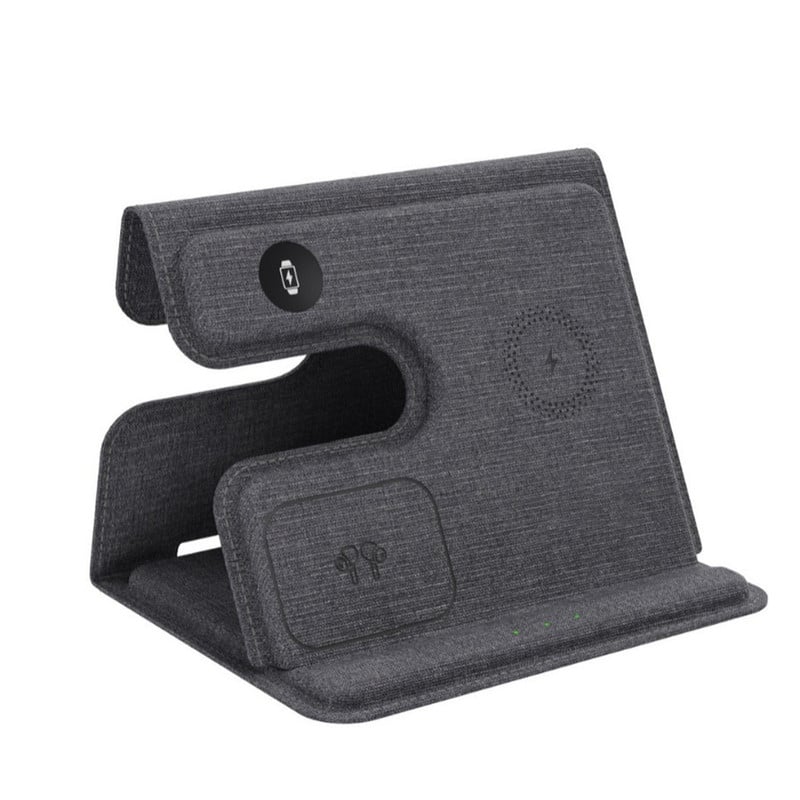 RISOKEYS - Power Adapter - 15W Wireless Fast Charging Leather Foldable 3-in-1 Wireless Charger - Supports Wireless Charging Phones - Gray