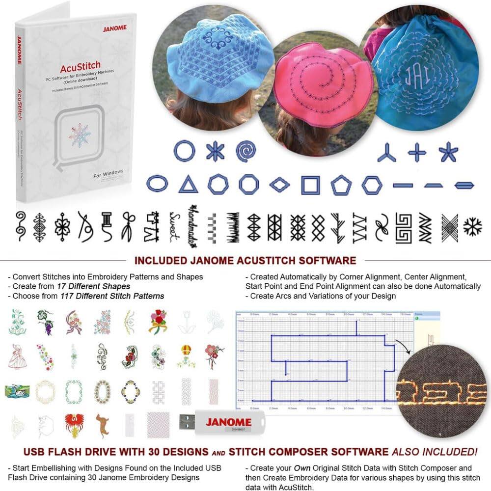 **JANOME AcuStitch**

**PC Software for Embroidery Machines (Online download)**
- Includes Bonus StitchComposer Software
- For Windows

**INCLUDED JANOME ACUSTITCH SOFTWARE**
- Convert Stitches into Embroidery Patterns and Shapes
- Create from 17 Different Shapes
- Choose from 117 Different Stitch Patterns
- Created Automatically by Corner Alignment, Center Alignment, Start Point and End Point Alignment can also be done Automatically
- Create Arcs and Variations of your Design

**USB FLASH DRIVE WITH 30 DESIGNS AND STITCH COMPOSER SOFTWARE ALSO INCLUDED!**
- Start Embellishing with Designs Found on the Included USB Flash Drive containing 30 Janome Embroidery Designs
- Create your Own Original Stitch Data with Stitch Composer and then Create Embroidery Data for various shapes by using this stitch data with AcuStitch.