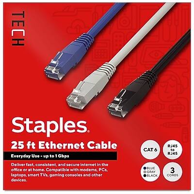 **TECH Staples**

**25 ft Ethernet Cable**

**Everyday Use - up to 1 Gbps**

Deliver fast, consistent, and secure internet in the office or at home. Compatible with modems, PCs, laptops, smart TVs, gaming consoles, and other devices.

**CAT 6**

**RJ45 to RJ45**

**3 CORDS**

- BLUE
- GRAY
- BLACK