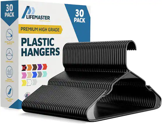 30 PACK, LIFEMASTER, PREMIUM HIGH GRADE, SMART GROOVES, SHOULDER, PLASTIC HANGERS, SLEEK DESIGN, DURABLE CONSTRUCTION, LIGHT WEIGHT DESIGN