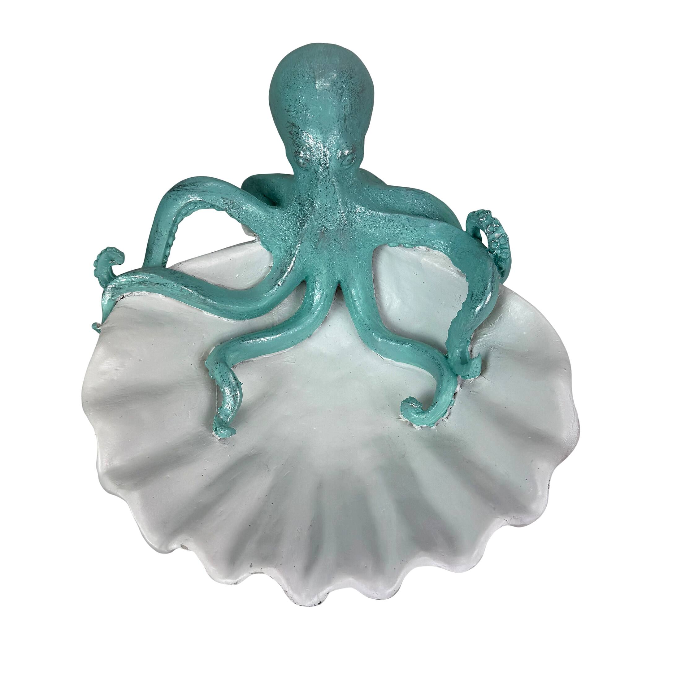 Alt View 1. Fancy That - Decorative Octopus Shell Tray Coastal Resin Catchall Dish 10 X 10 X 6 In - White And Blue.