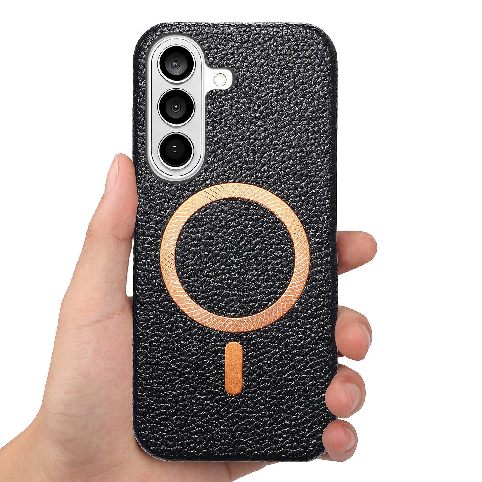Alt View 4. Dteck - Lychee Texture Case for Samsung Galaxy S26, Premium PU Leather Magnetic Shockproof Hard PC Cover with Raised Edges - Black.
