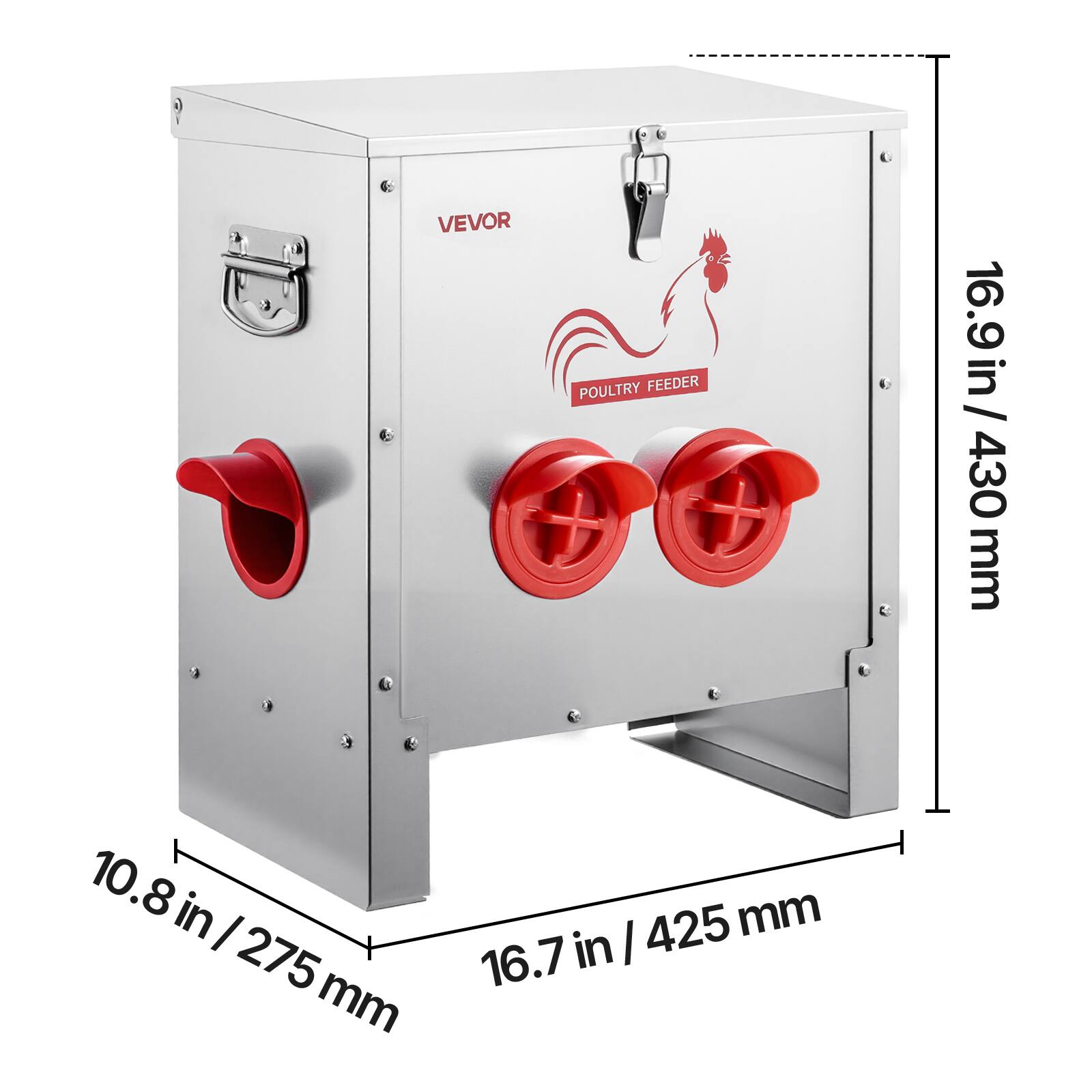 VEVOR POULTRY FEEDER

- Height: 16.9 in / 430 mm
- Width: 16.7 in / 425 mm
- Depth: 10.8 in / 275 mm