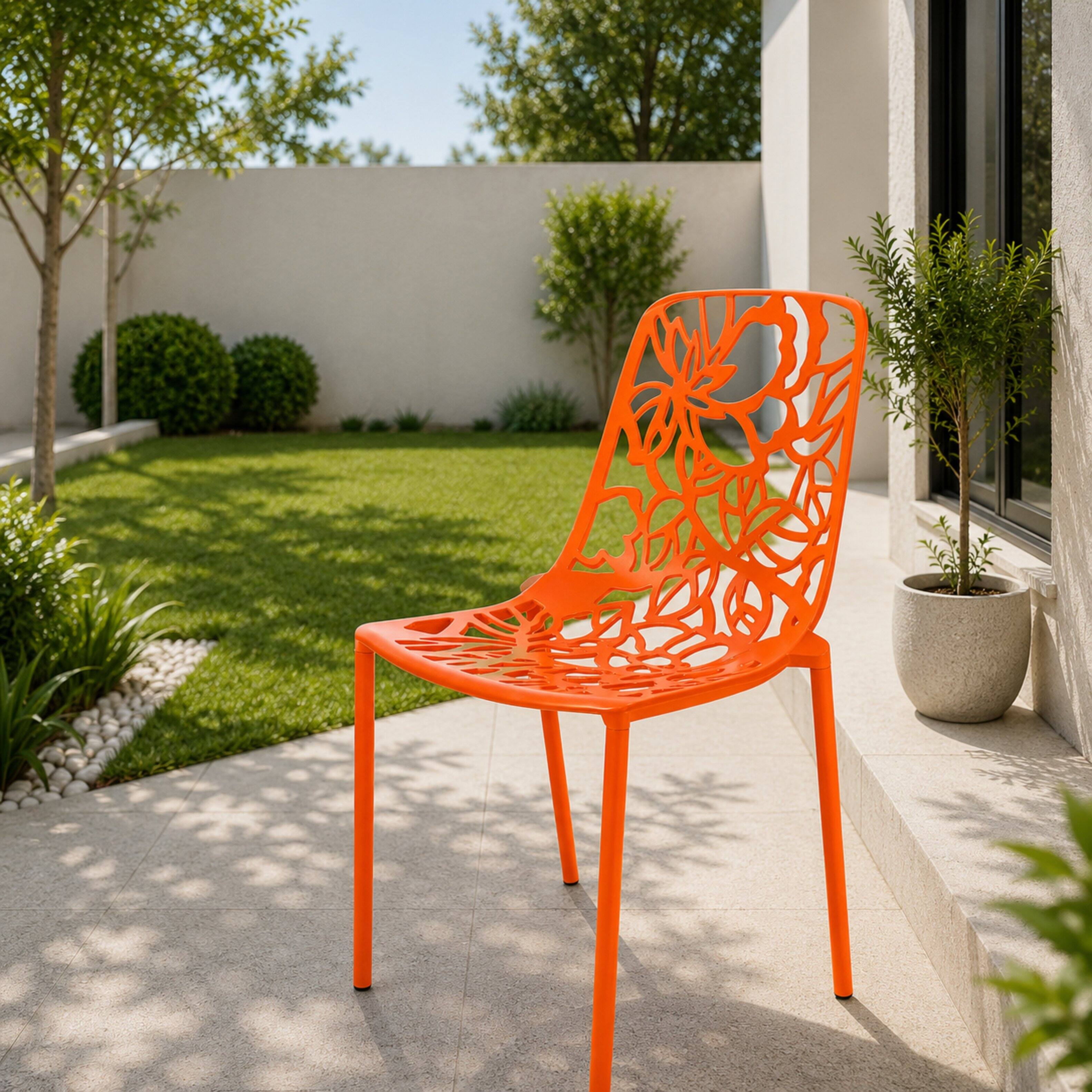 Left. LeisureMod - Devon (Set of 2) Aluminum Outdoor Dining Chair, UV Resistant & Stackable Floral Design Accent Chair - Fully Assembled - Orange.