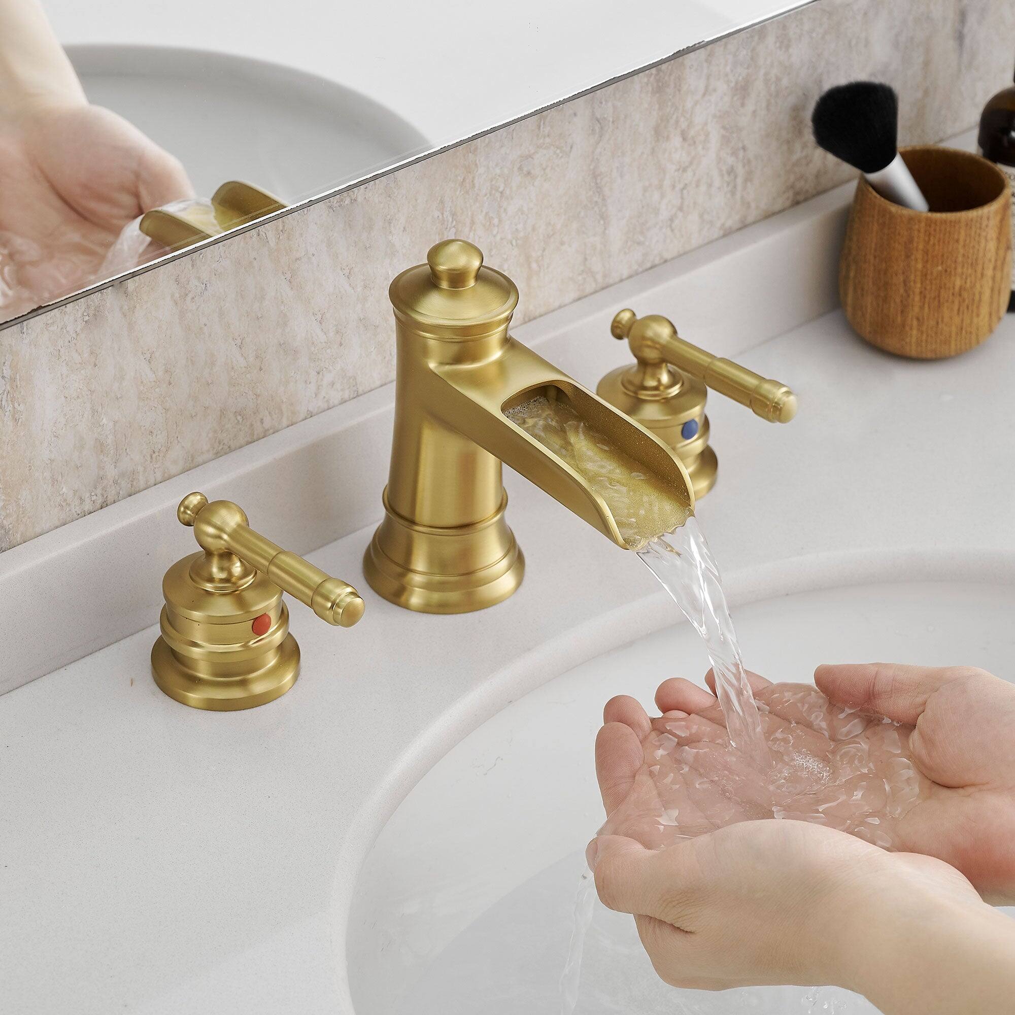 Alt View 4. Boyel Living - Classic 8 Inch Widespread Double Handle Brass Bathroom Faucet with Pop Up Drain and Water Supply Hoses in Brushed Gold - Brushed Gold.