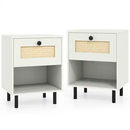 Front. Kadyn - Set of 2 Boho Rattan Nightstands, Each with Rattan Drawer + Open Shelf, Trendy End Tables for Bedroom/Living Room, White - White.