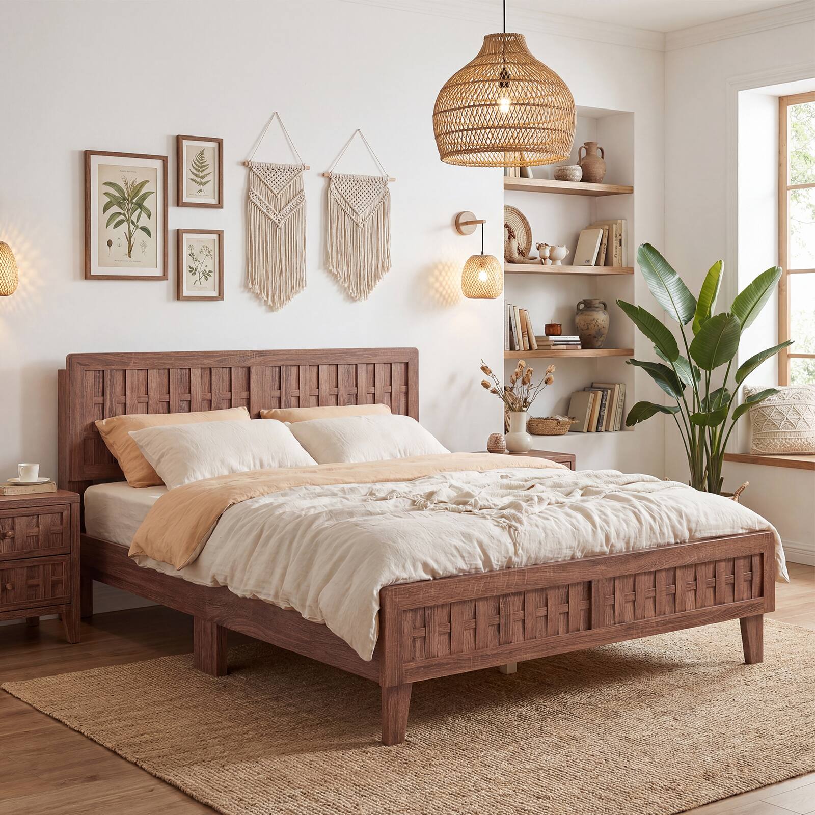 Alt View 3. Costway - Costway Queen Size Bed Frame with Woven Accent Headboard & Footboard, Wooden Slat Support - Walnut.