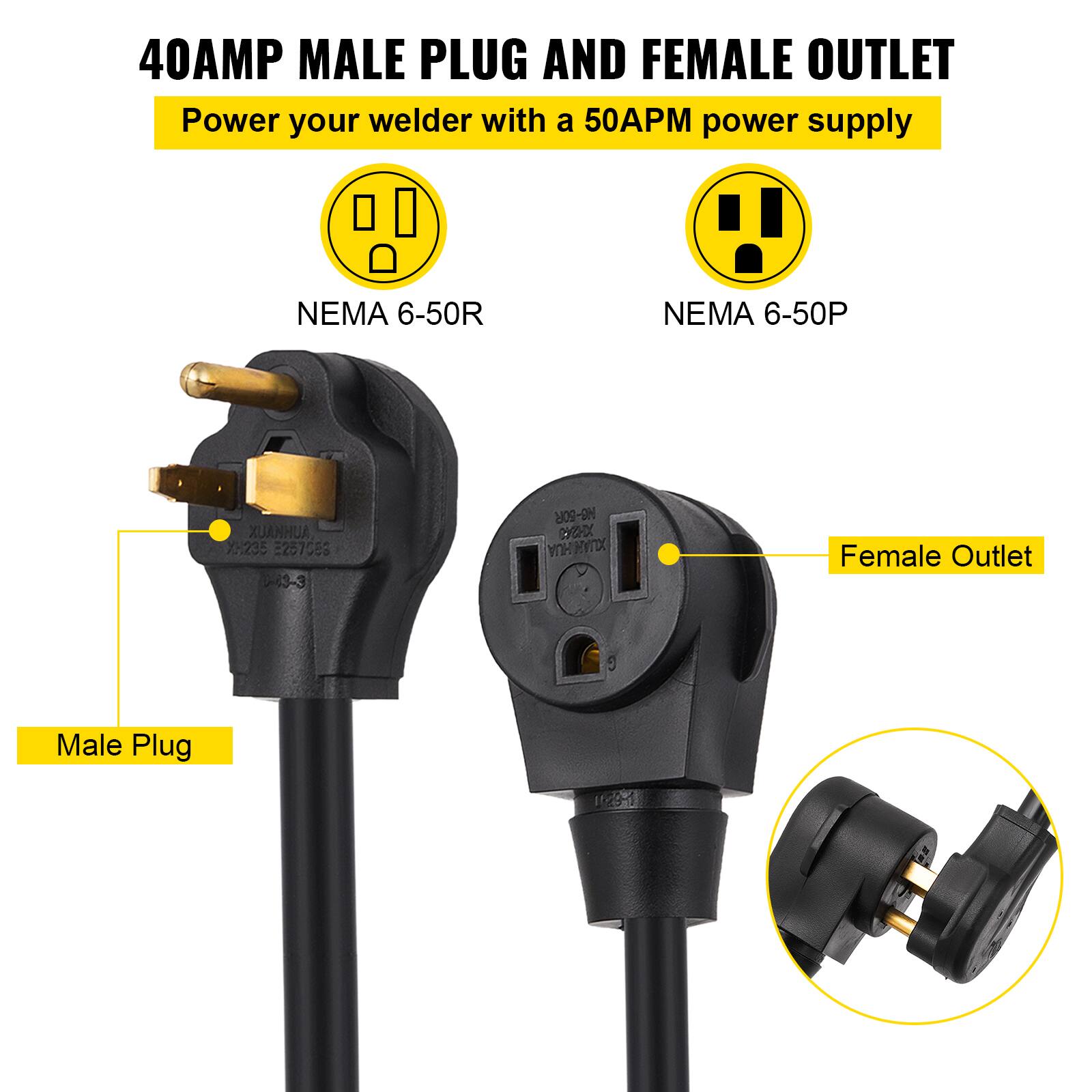 40AMP Male Plug and Female Outlet. Power your welder with a 50AMP power supply. NEMA 6-50R, NEMA 6-50P.
