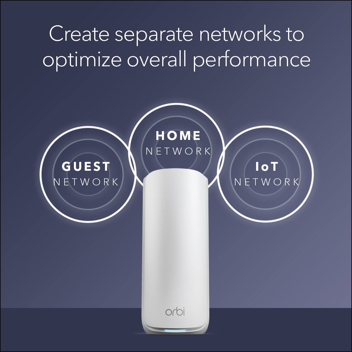 Create separate networks to optimize overall performance

- HOME NETWORK
- GUEST NETWORK
- IoT NETWORK

orbi