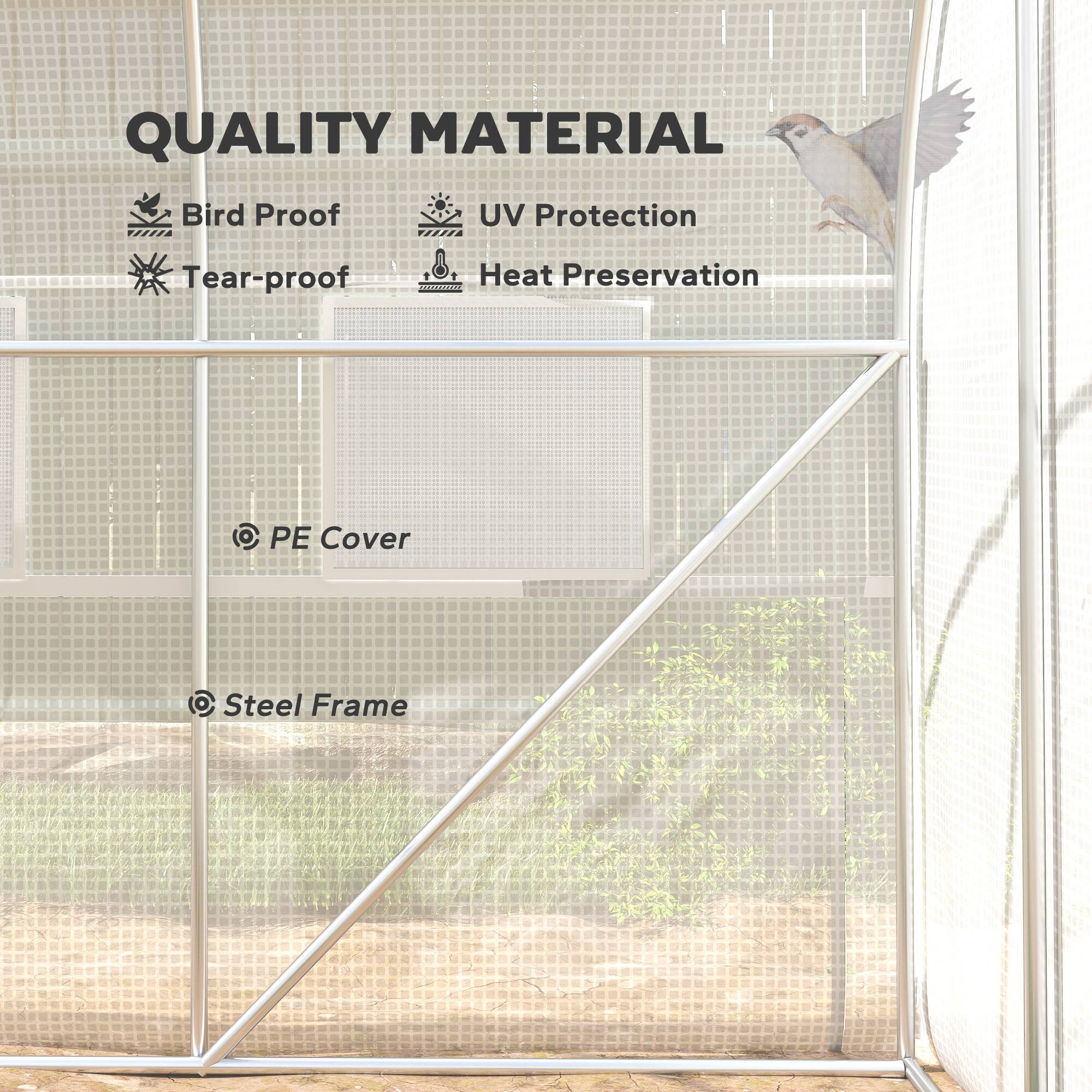 QUALITY MATERIAL
Bird Proof
UV Protection
Tear-proof
Heat Preservation
PE Cover
Steel Frame