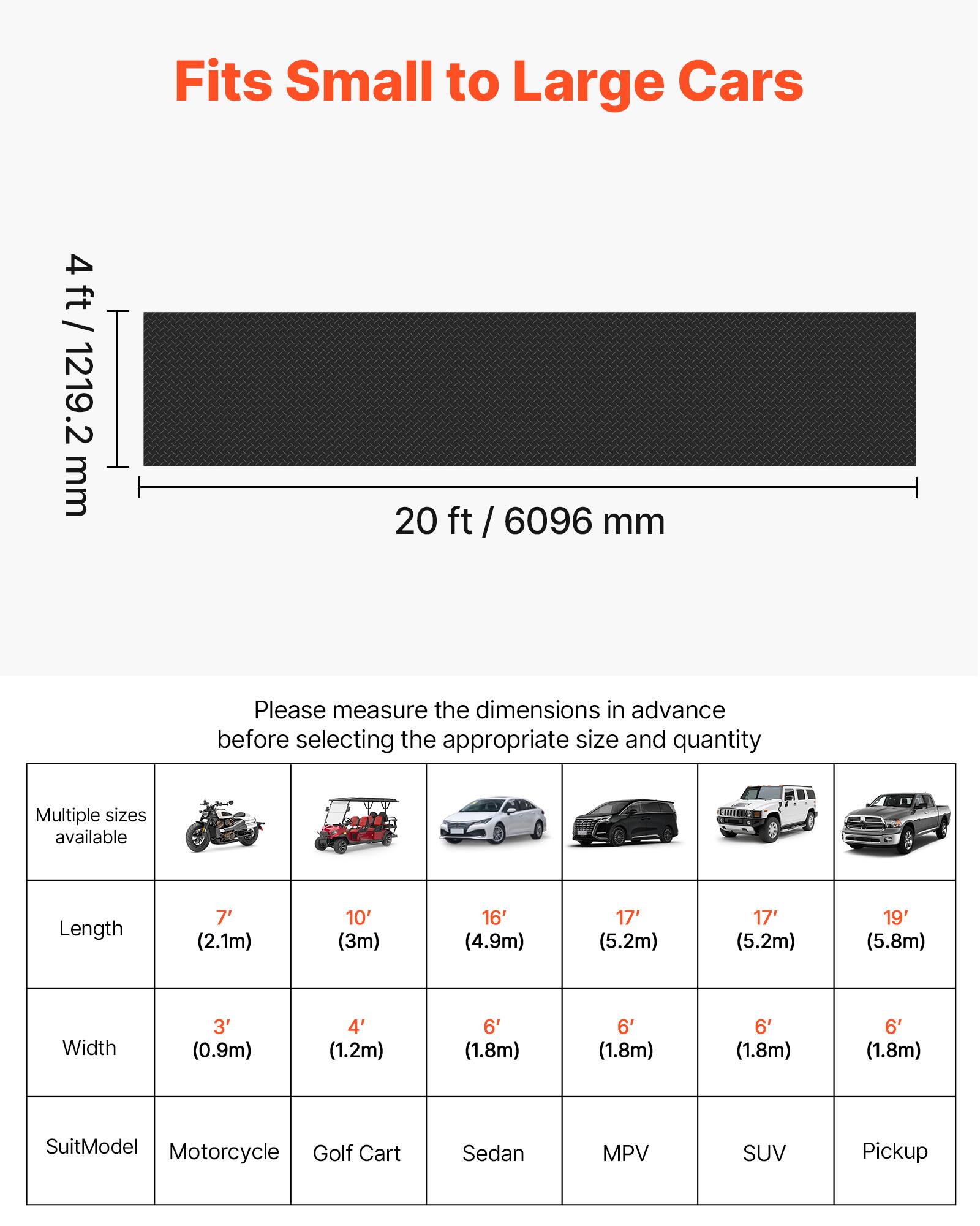 Fits Small to Large Cars

4 ft / 1219.2 mm  
20 ft / 6096 mm

Please measure the dimensions in advance before selecting the appropriate size and quantity

Multiple sizes available

Length  
7' (2.1m)  
10' (3m)  
16' (4.9m)  
17' (5.2m)  
17' (5.2m)  
19' (5.8m)

Width  
3' (0.9m)  
4' (1.2m)  
6' (1.8m)  
6' (1.8m)  
6' (1.8m)  
6' (1.8m)

SuitModel  
Motorcycle  
Golf Cart  
Sedan  
MPV  
SUV  
Pickup