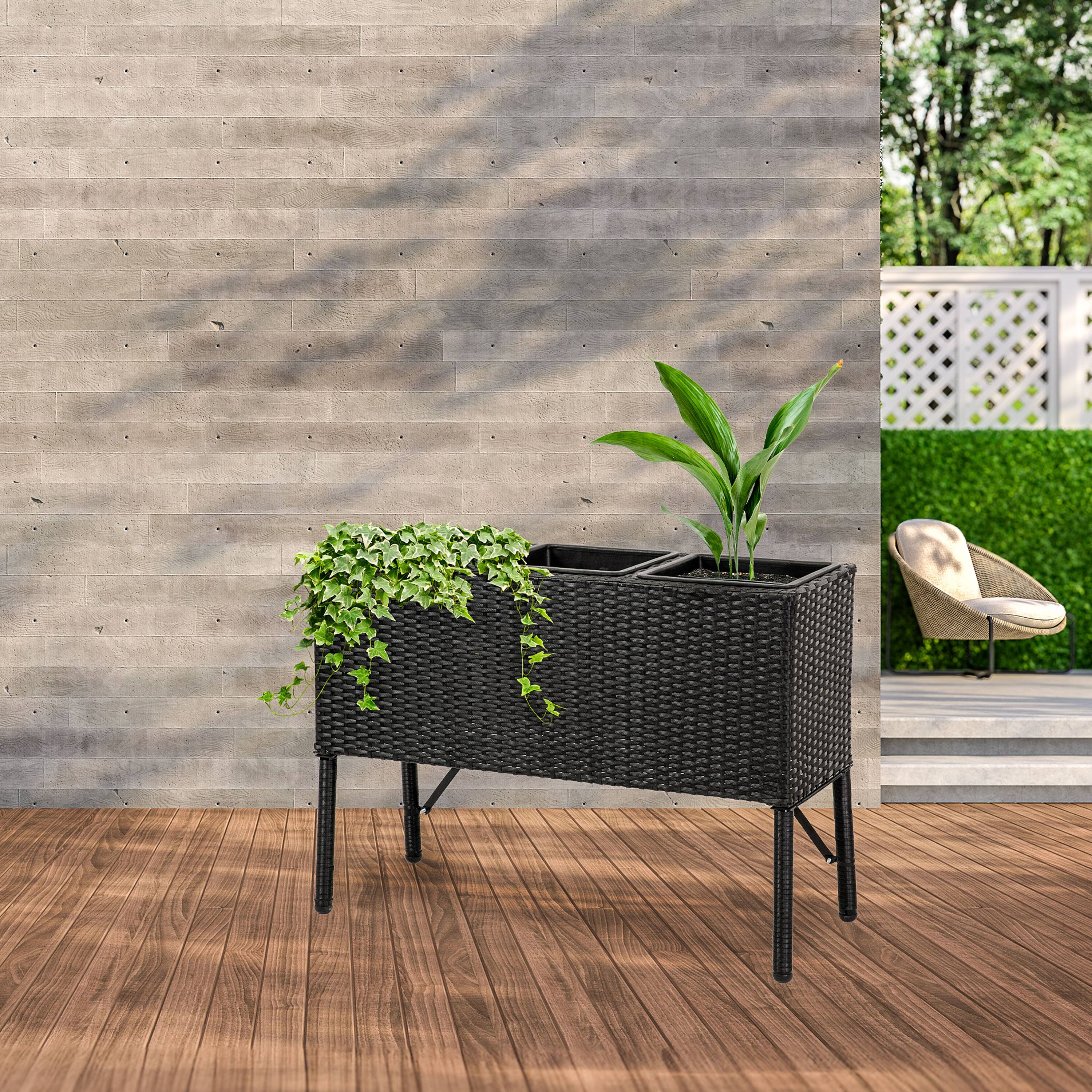 Alt View 7. Sunnydaze - 3-Section Wicker Raised Planter - Black.