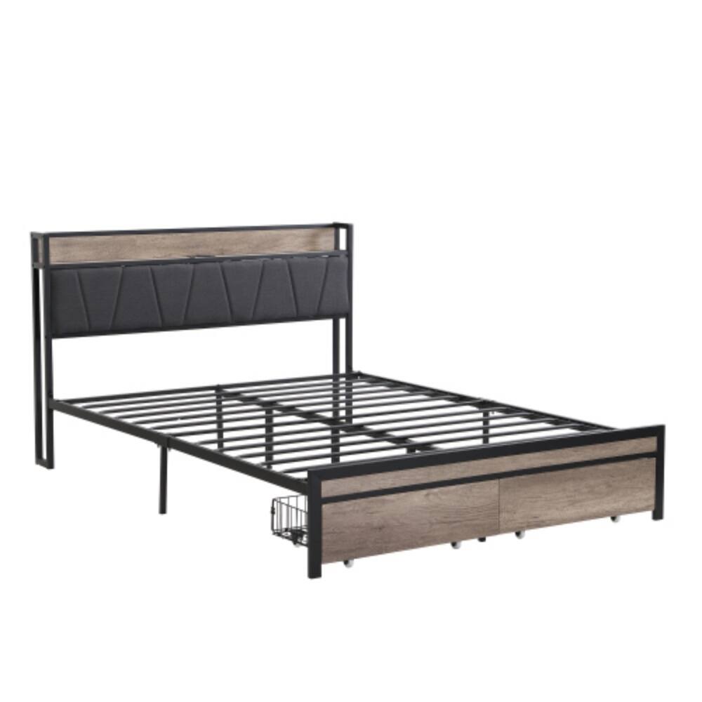 Left. LUCKY ONE - Queen Size Platform Bed Frame with Wooden Headboard and Footboard, Heavy Duty Steel, No Box Spring Needed, 13in Storage - Black+Grey.