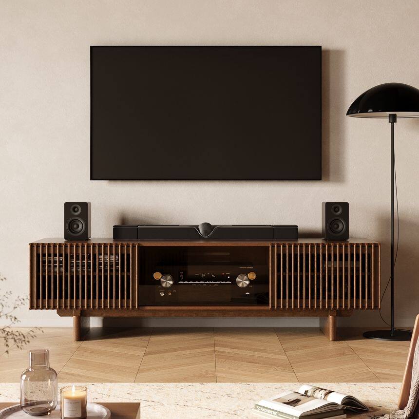 Angle. POVISON - 79" Mid-Century Modern TV Stand with storage - Walnut Color.