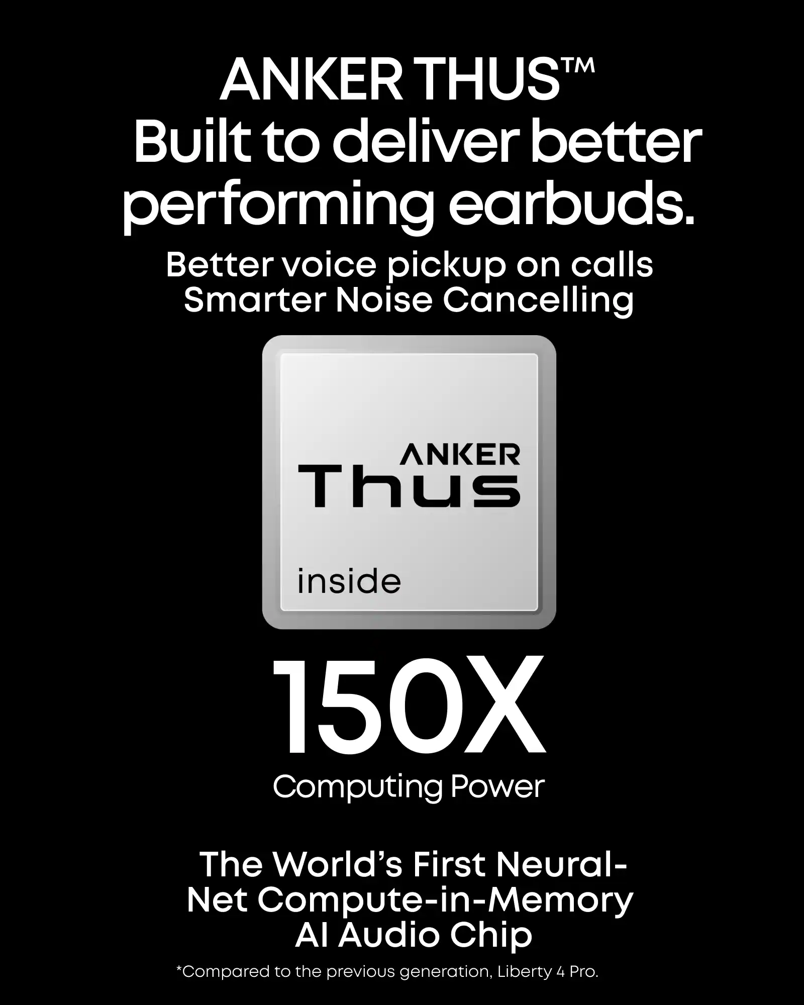 ANKER THUS™  
Built to deliver better performing earbuds.  
Better voice pickup on calls  
Smarter Noise Cancelling  

ANKER Thus  
inside  

150X  
Computing Power  

The World's First Neural-Net Compute-in-Memory AI Audio Chip  

*Compared to the previous generation, Liberty 4 Pro.