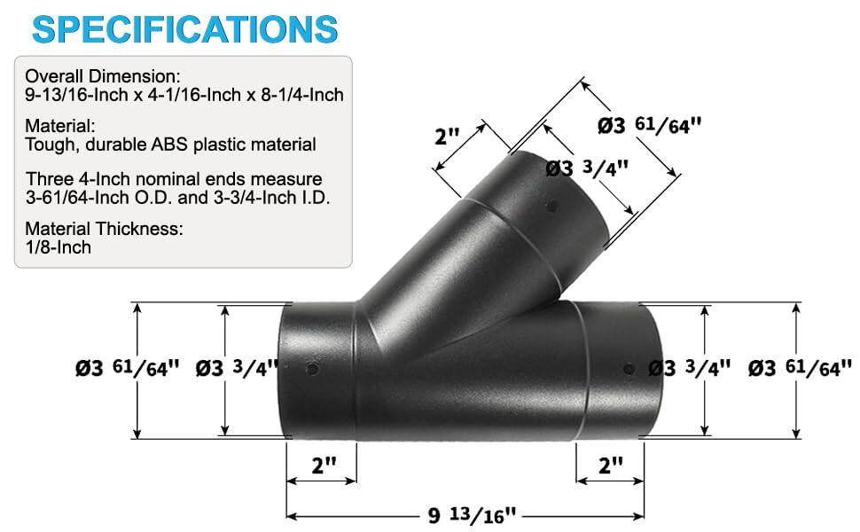 SPECIFICATIONS  
Overall Dimension: 9-13/16-Inch x 4-1/16-Inch x 8-1/4-Inch  
Material: Tough, durable ABS plastic material  
Three 4-Inch nominal ends measure 3-61/64-Inch O.D. and 3-3/4-Inch I.D.  
Material Thickness: 1/8-Inch  

2"  
03 61/64"  
03 3/4"  
03 3/4"  
03 61/64"  
2"  
2"  
9 13/16"
