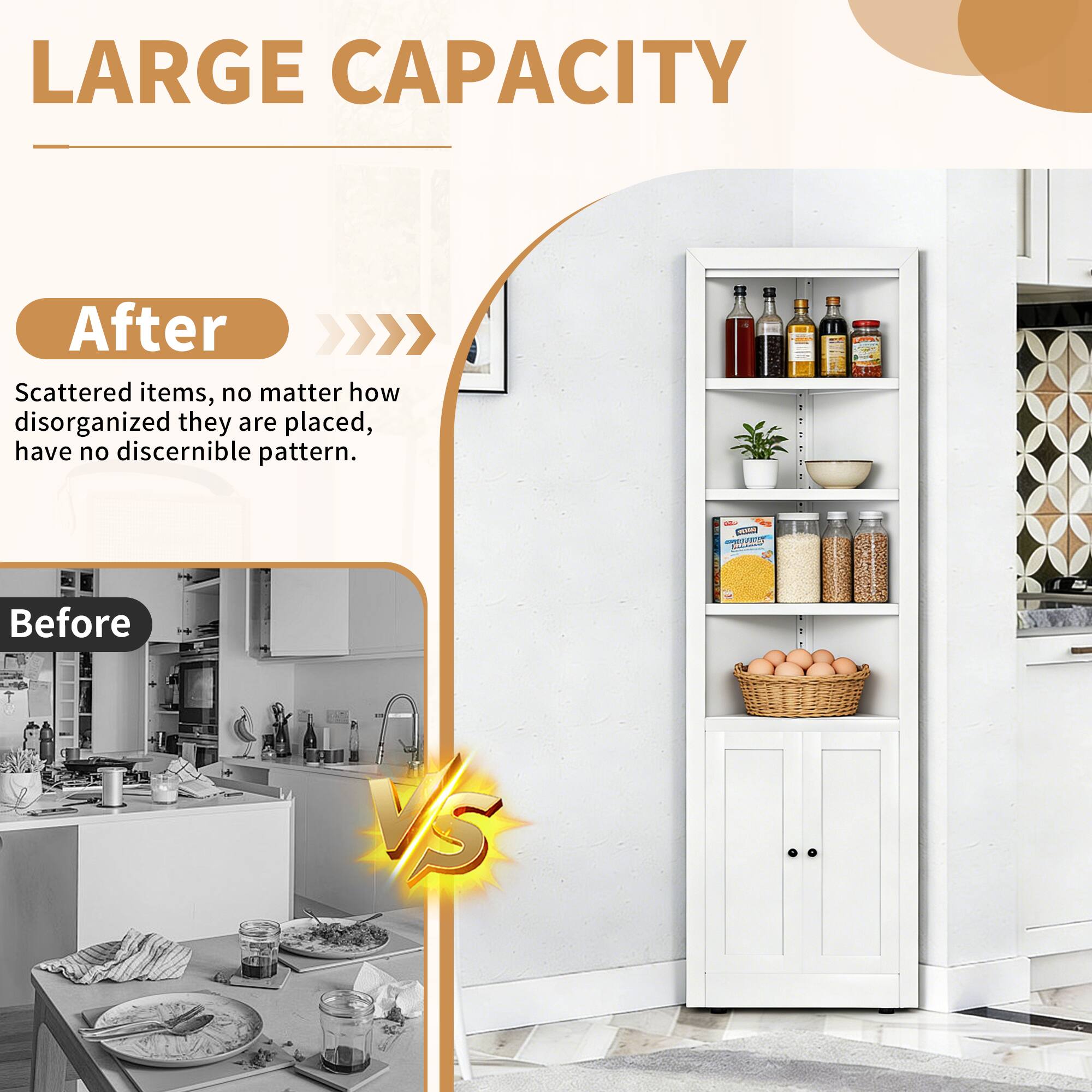 LARGE CAPACITY

After  
Scattered items, no matter how disorganized they are placed, have no discernible pattern.

Before