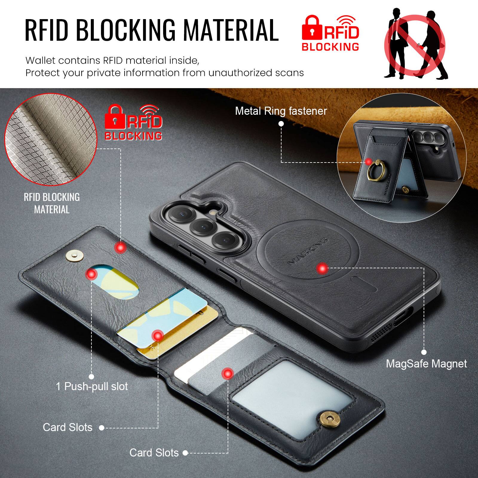 RFID BLOCKING MATERIAL

Wallet contains RFID material inside, Protect your private information from unauthorized scans

RFID BLOCKING MATERIAL

RFID BLOCKING

Metal Ring fastener

1 Push-pull slot

Card Slots

Card Slots

MagSafe Magnet