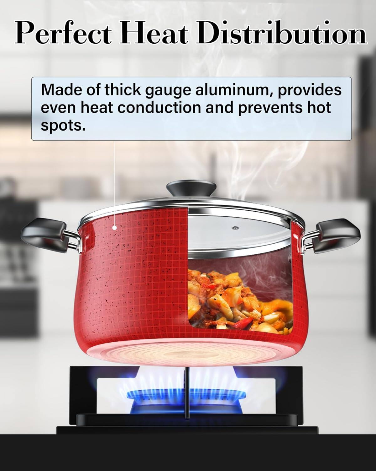 Perfect Heat Distribution

Made of thick gauge aluminum, provides even heat conduction and prevents hot spots.
