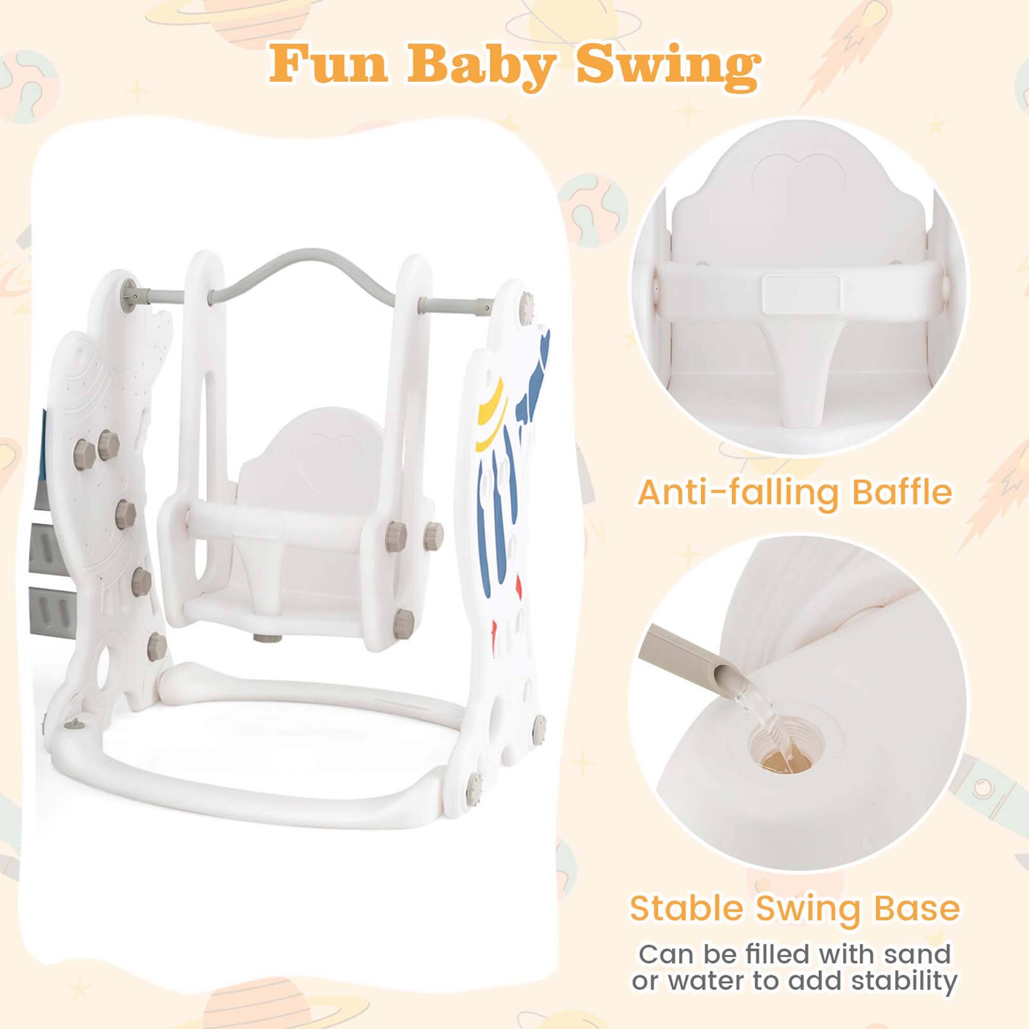 Fun Baby Swing

Anti-falling Baffle

Stable Swing Base
Can be filled with sand or water to add stability