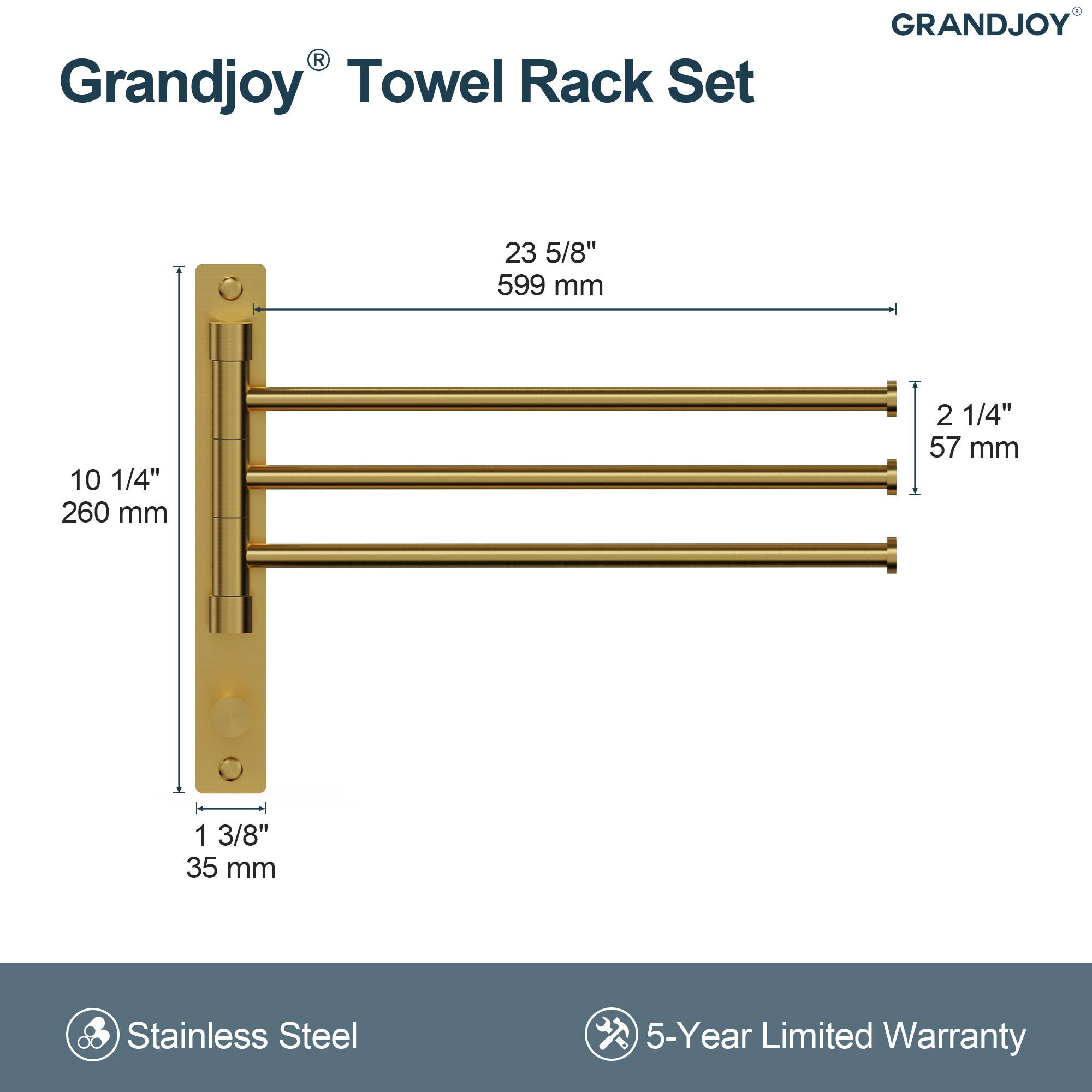 Grandjoy® Towel Rack Set

- Height: 23 5/8" (599 mm)
- Width: 10 1/4" (260 mm)
- Depth: 2 1/4" (57 mm)
- Thickness: 1 3/8" (35 mm)

Stainless Steel

5-Year Limited Warranty