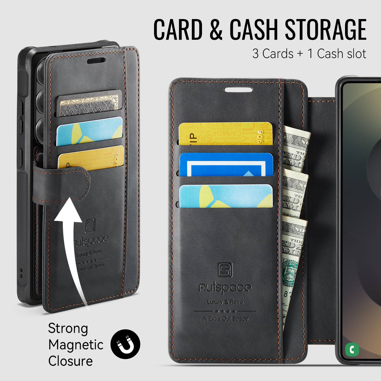 CARD & CASH STORAGE  
3 Cards + 1 Cash slot  

CANADA 208 RRAZE EN www.tcNaOd MORO CANADA P SP BIRMINGHAM DVOI 906 TTI  

Luxury & Retro  
Extra Out Space  

Strong Magnetic Closure  

Autspace  
Luxury & Retro  
A Extra Out Space