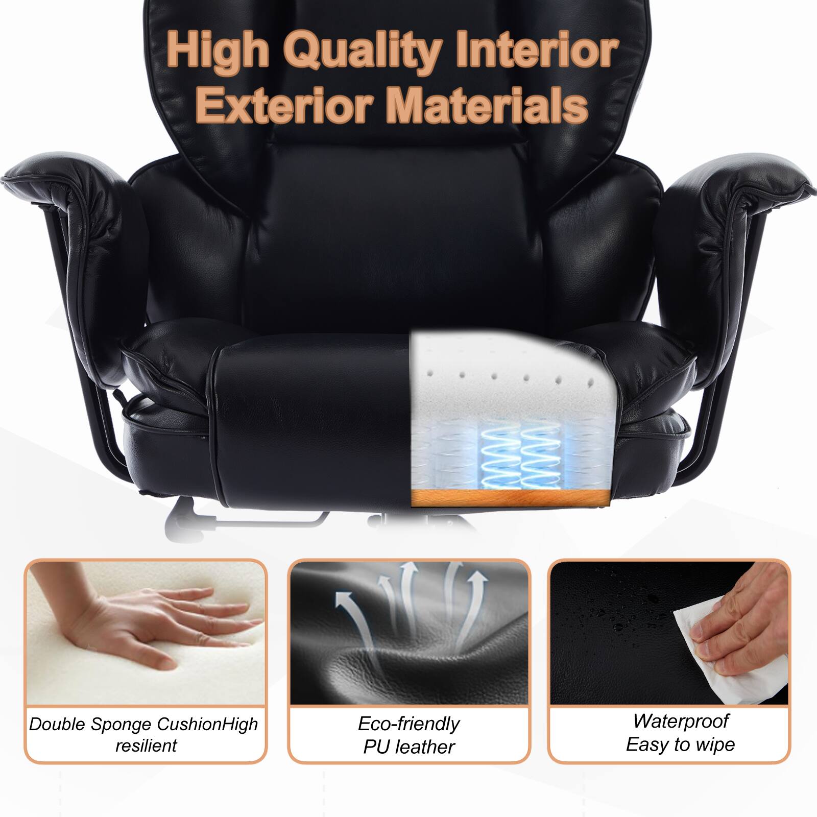 High Quality Interior Exterior Materials

- Double Sponge Cushion
- High resilient
- Eco-friendly PU leather
- Waterproof
- Easy to wipe