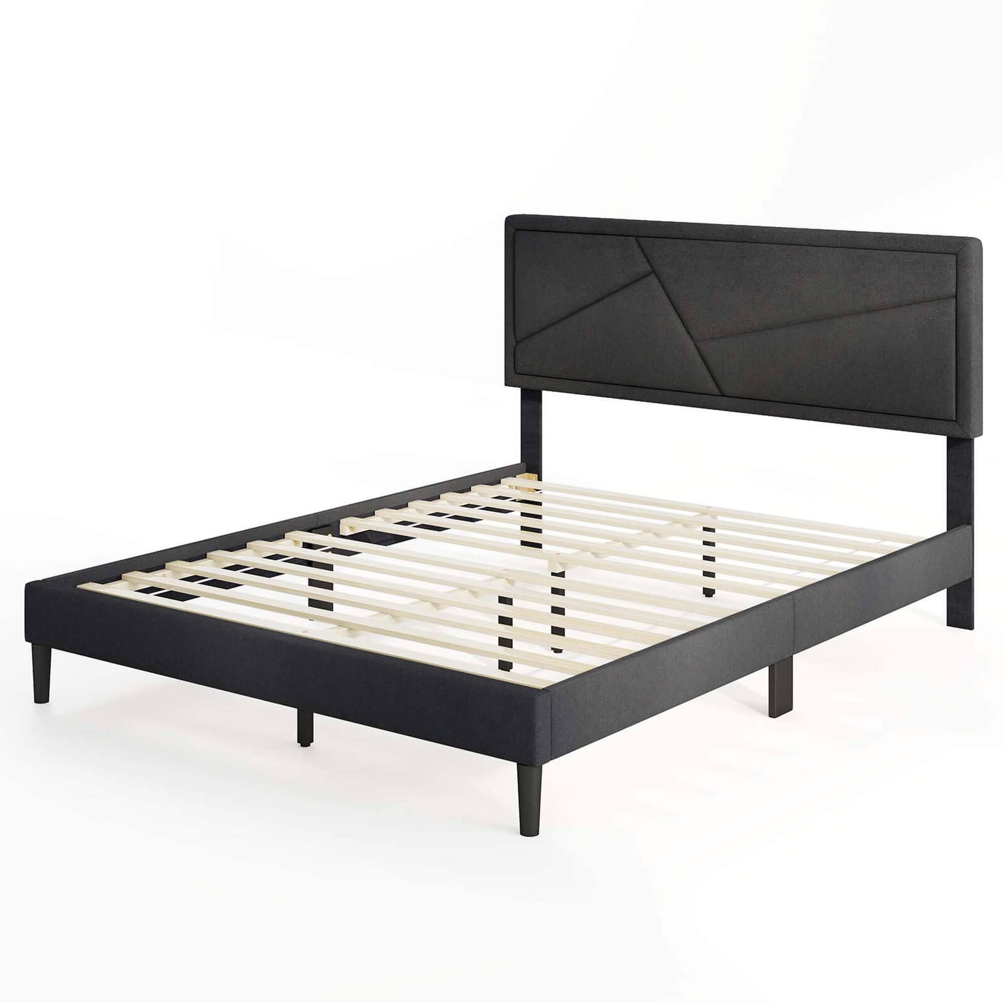 Costway - Queen Size Bed Frame with High Headboard & Wooden Slats No Box Spring Needed - Gray