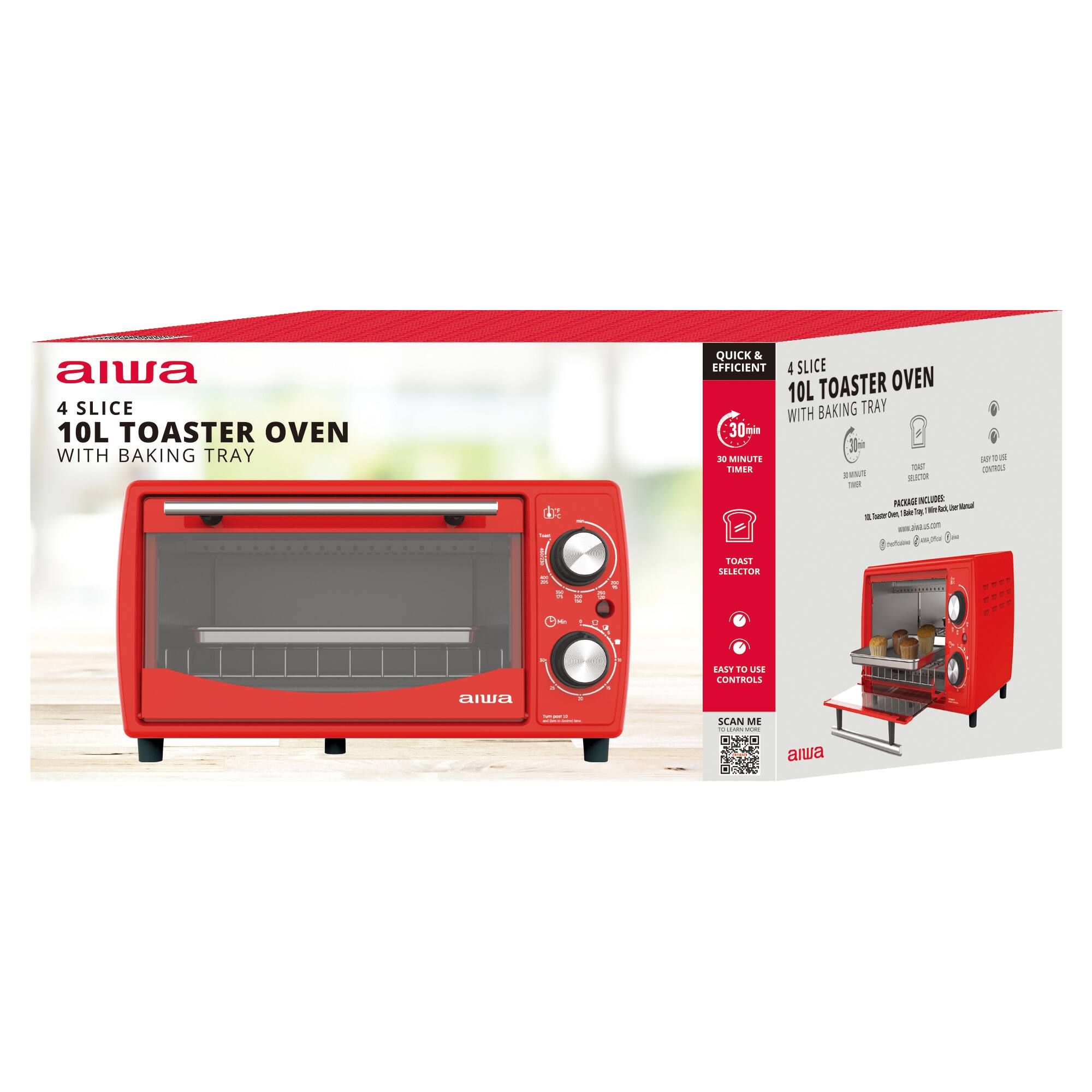 aiwa 4 SLICE 10L TOASTER OVEN WITH BAKING TRAY

QUICK & EFFICIENT 4 SLICE 10L TOASTER OVEN WITH BAKING TRAY

30 MINUTE TIMER

TOAST SELECTOR

EASY TO USE CONTROLS

PACKAGE INCLUDES:
- 1 x Toaster Oven
- 1 x Baking Tray
- 1 x Manual

SCAN ME