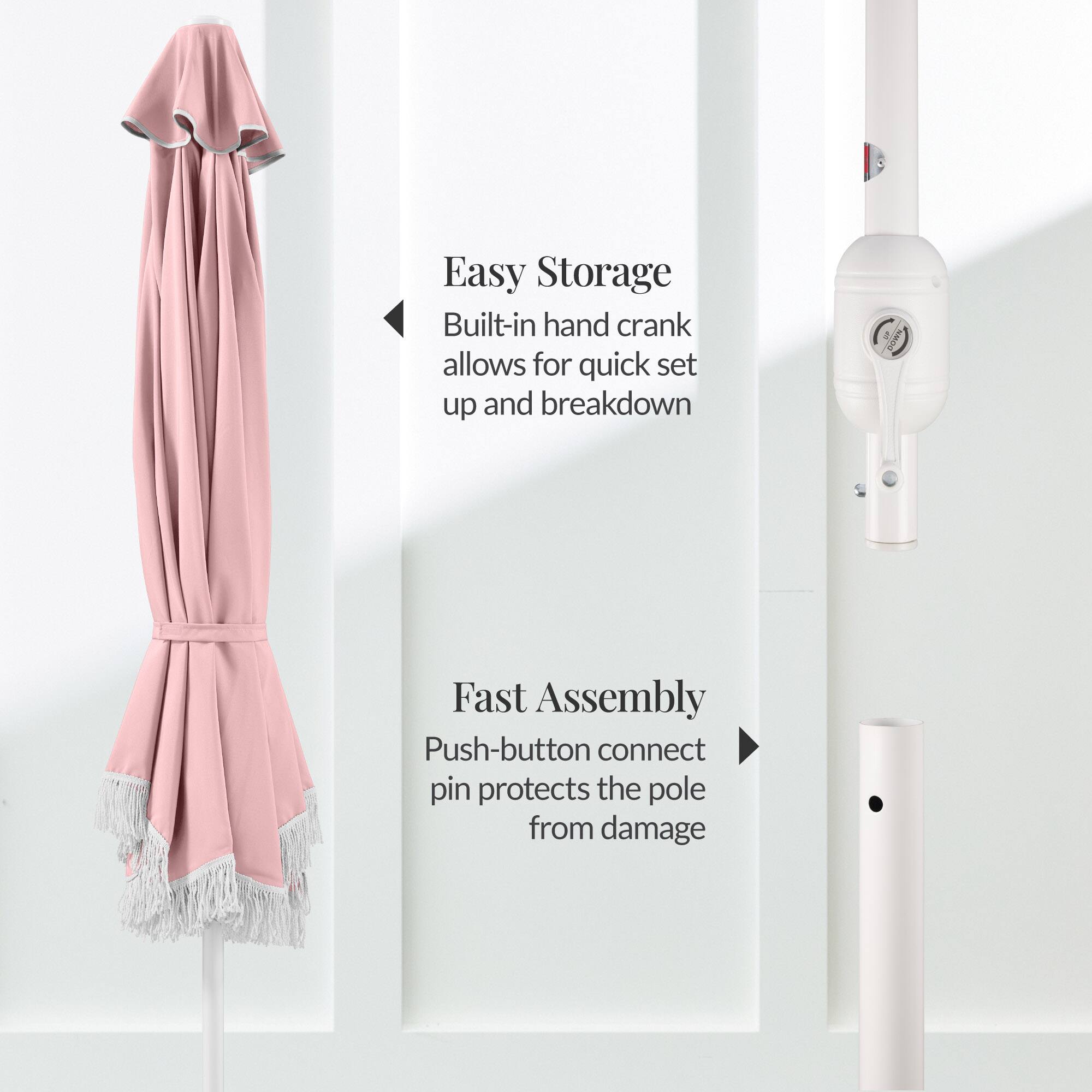 Easy Storage  
Built-in hand crank allows for quick set up and breakdown  

Fast Assembly  
Push-button connect pin protects the pole from damage